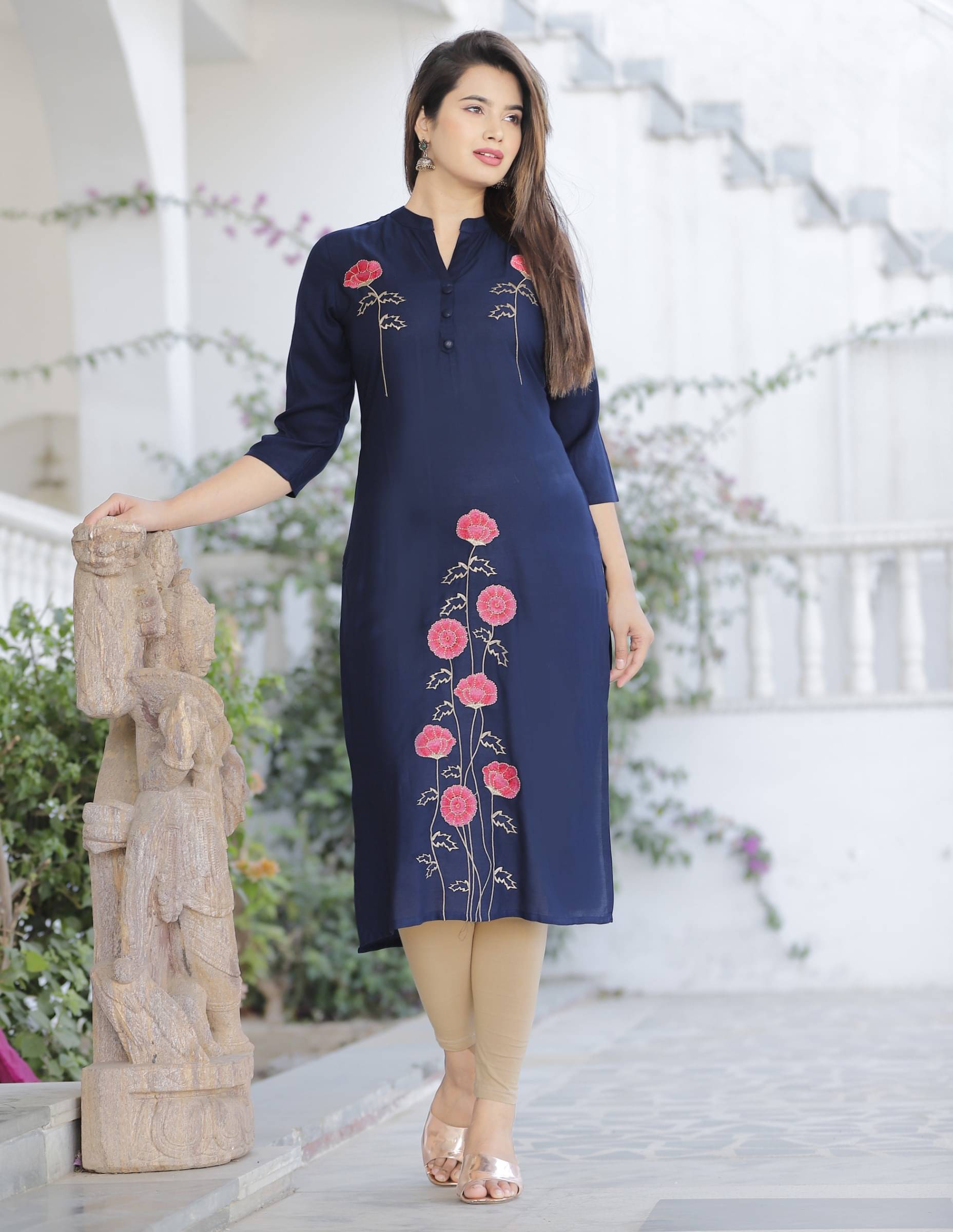 jain creation Women's Viscose Rayon Embroidered Straight Kurti - ( Dark Blue ) jain creation Women's Viscose Rayon Embroidered Straight Kurti - ( Dark Blue )