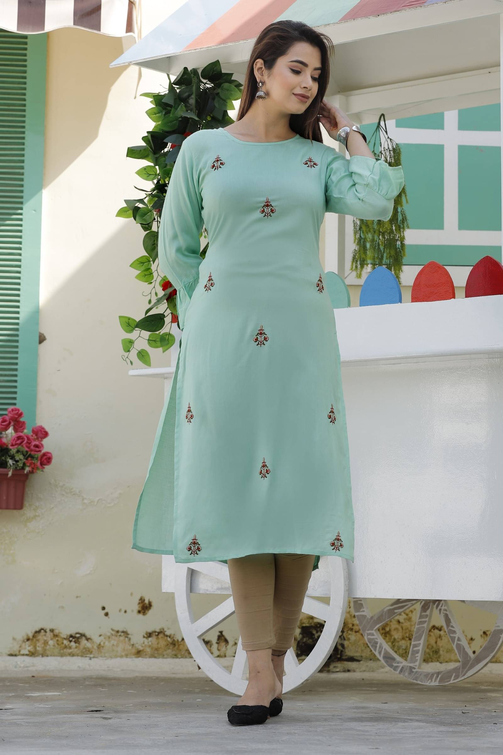 jain creation Women's Viscose Rayon Embroidered Straight Kurti - ( Light Green ) jain creation Women's Viscose Rayon Embroidered Straight Kurti - ( Light Green )