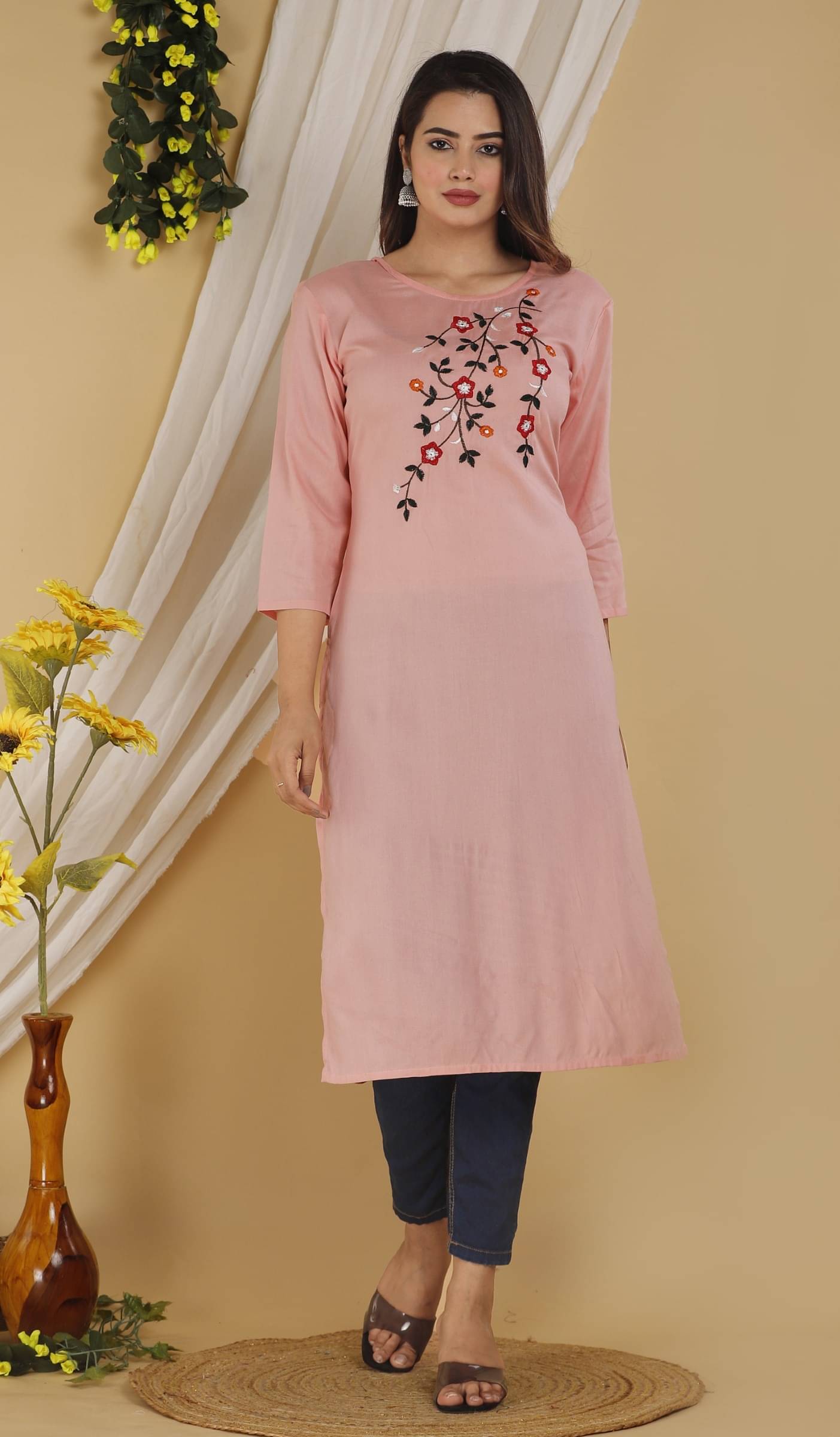 jain creation Women's Viscose Rayon Embroidered Straight Kurti - ( Pink ) jain creation Women's Viscose Rayon Embroidered Straight Kurti - ( Pink )
