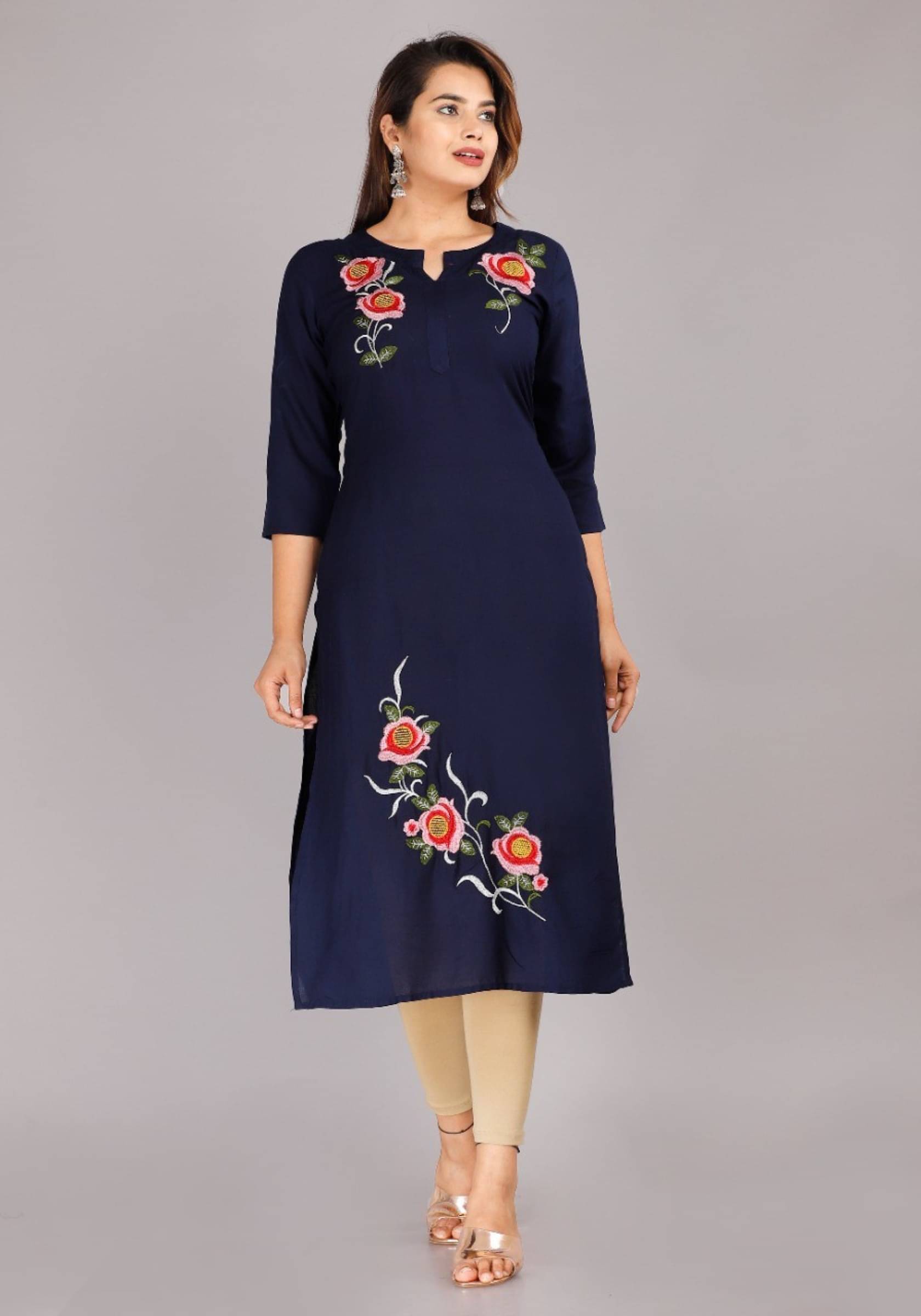     			jain creation Women's Viscose Rayon Embroidered Straight Kurti - ( Blue )
