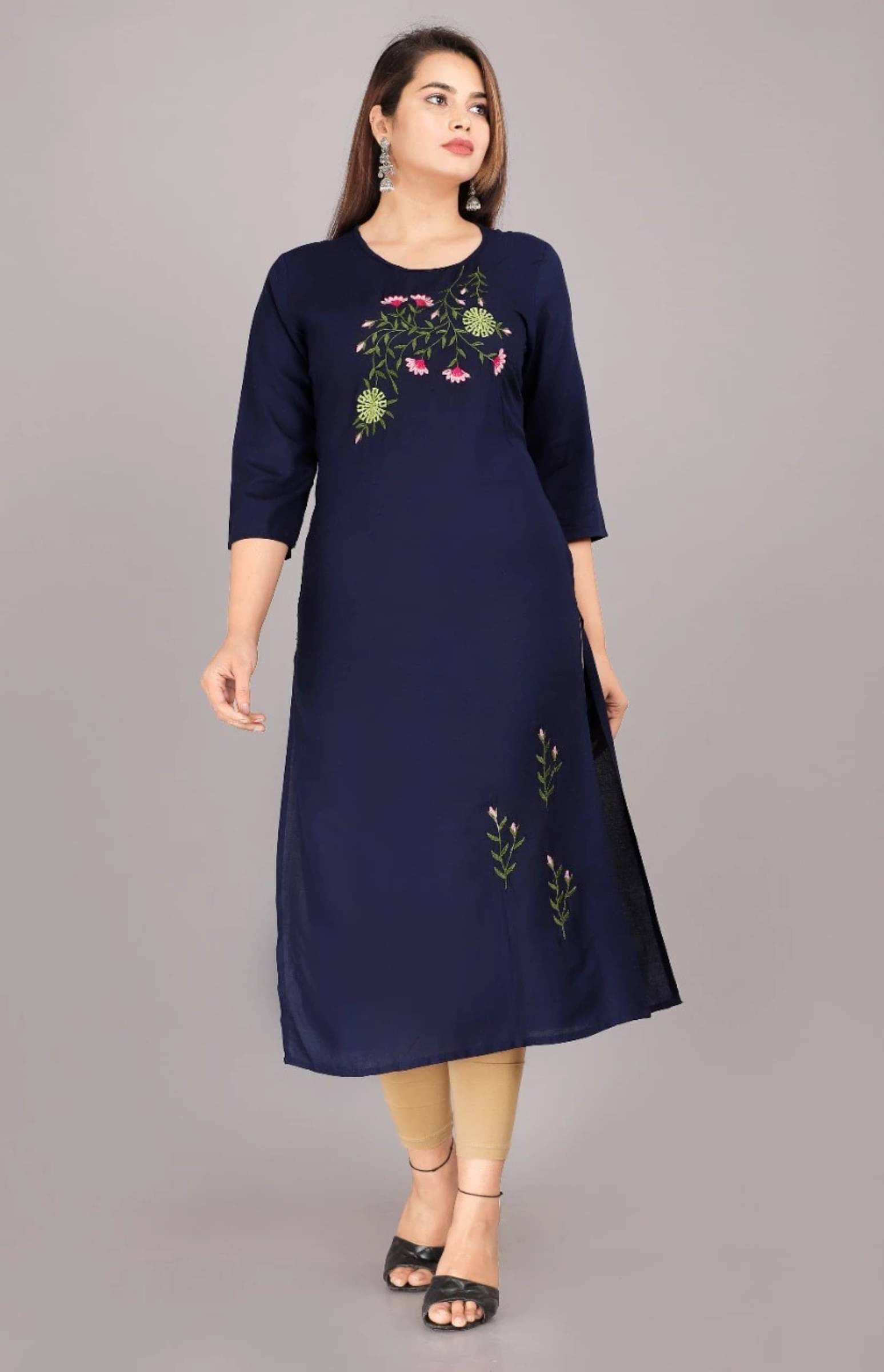     			jain creation Women's Viscose Rayon Embroidered Straight Kurti - ( Blue )