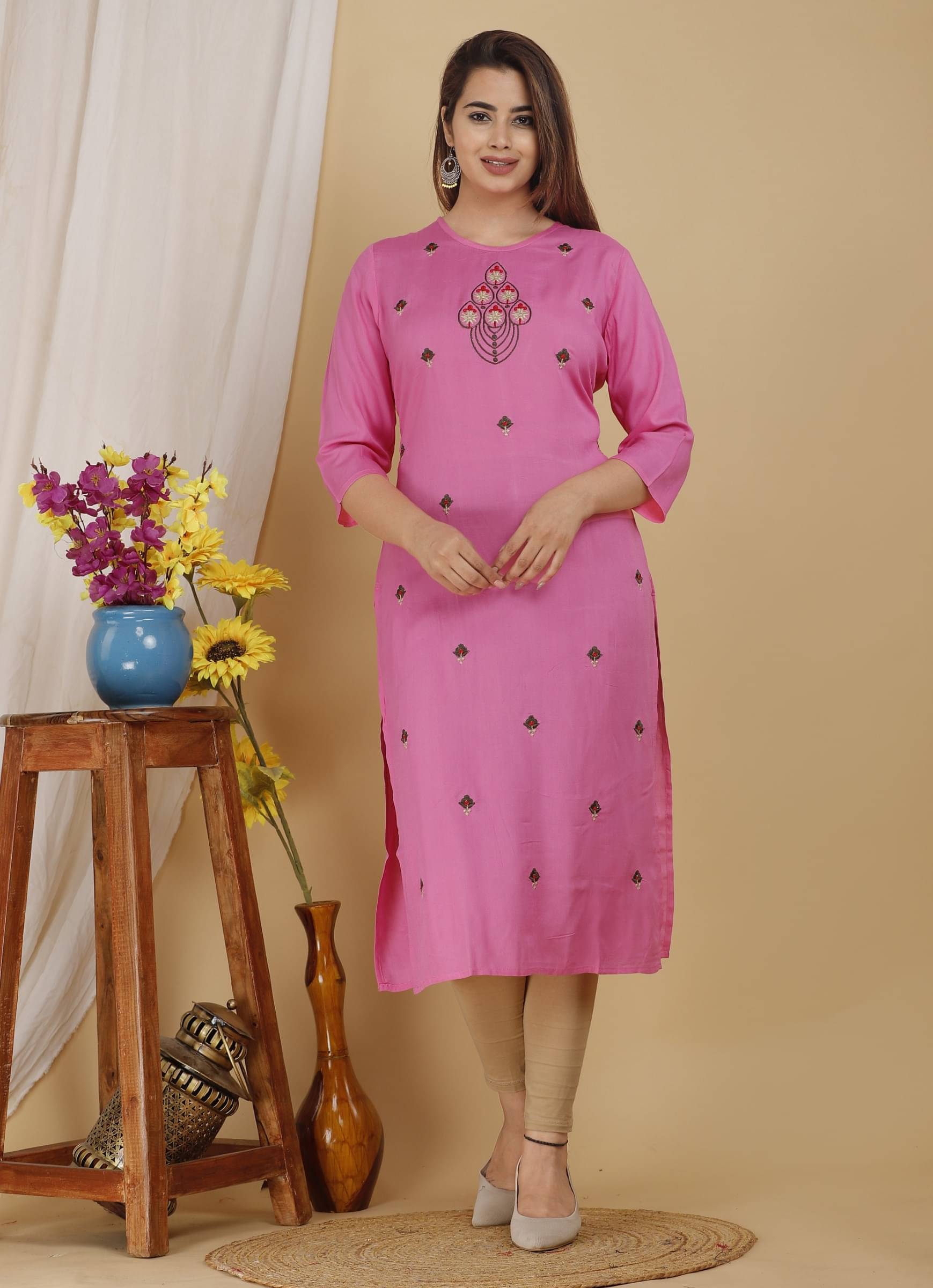     			jain creation Women's Viscose Rayon Embroidered Straight Kurti - ( Orange )