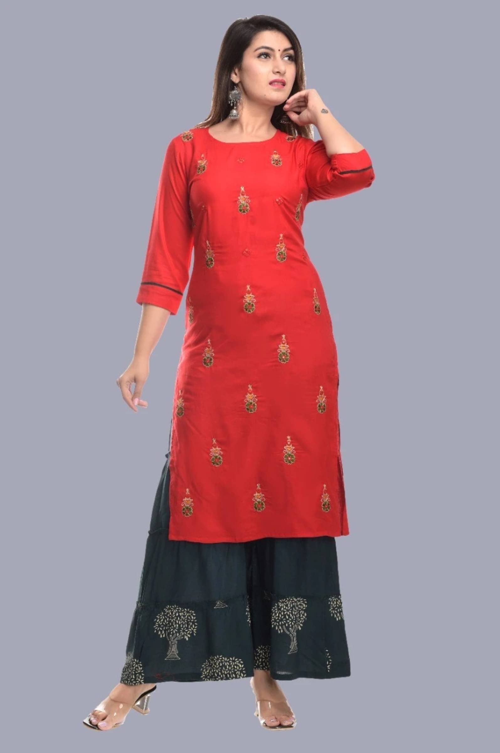     			jain creation Women's Viscose Rayon Embroidered Straight Kurti - ( Red )