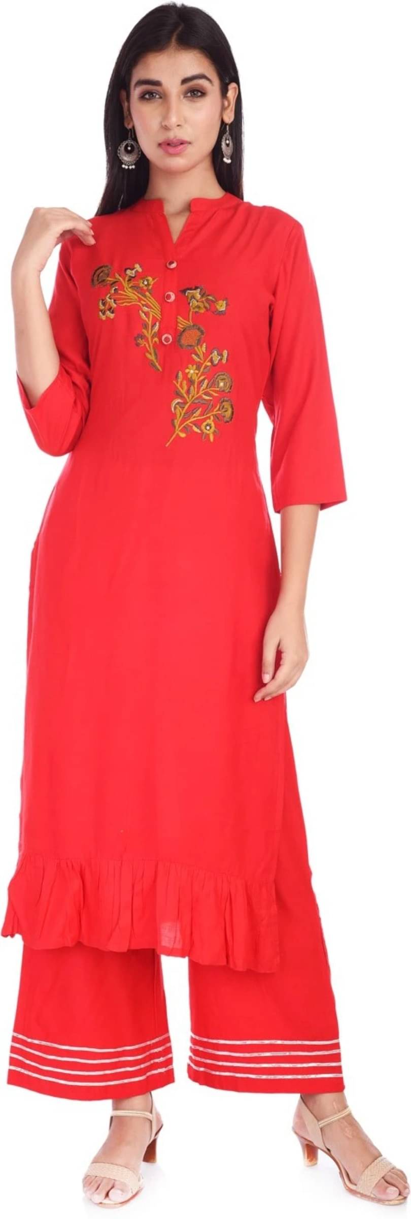     			jain creation Women's Viscose Rayon Embroidered Straight Kurti - ( Red )