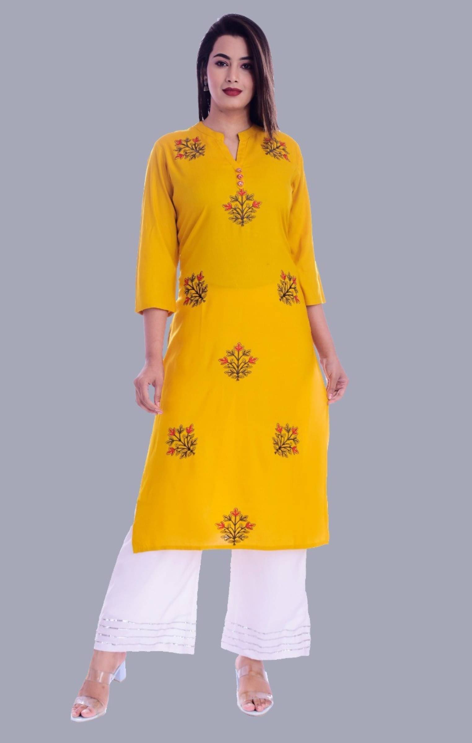 jain creation Women's Viscose Rayon Embroidered Straight Kurti - ( Yellow ) jain creation Women's Viscose Rayon Embroidered Straight Kurti - ( Yellow )