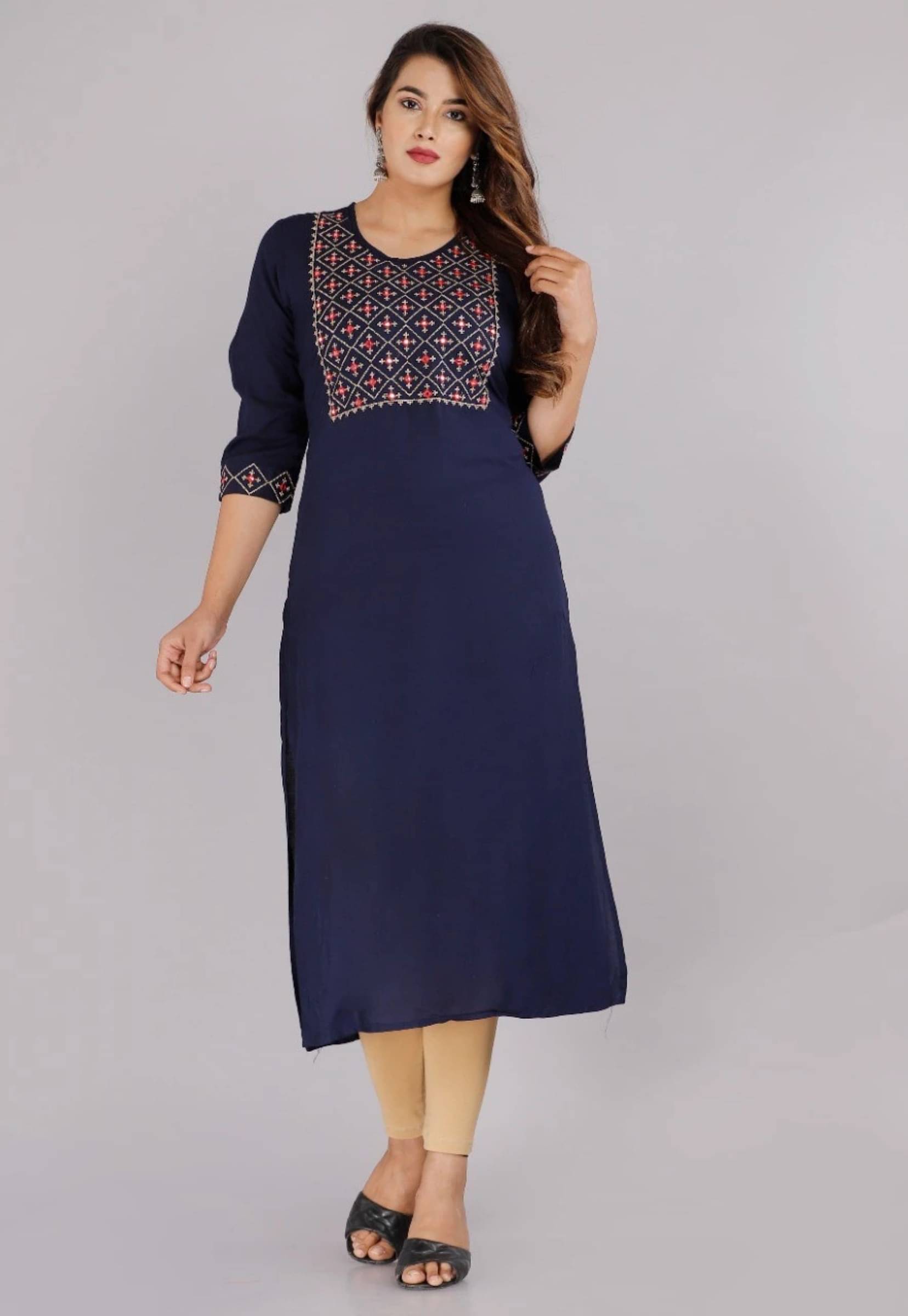 jain creation Women's Viscose Rayon Embroidered Straight Kurti - ( Blue ) jain creation Women's Viscose Rayon Embroidered Straight Kurti - ( Blue )