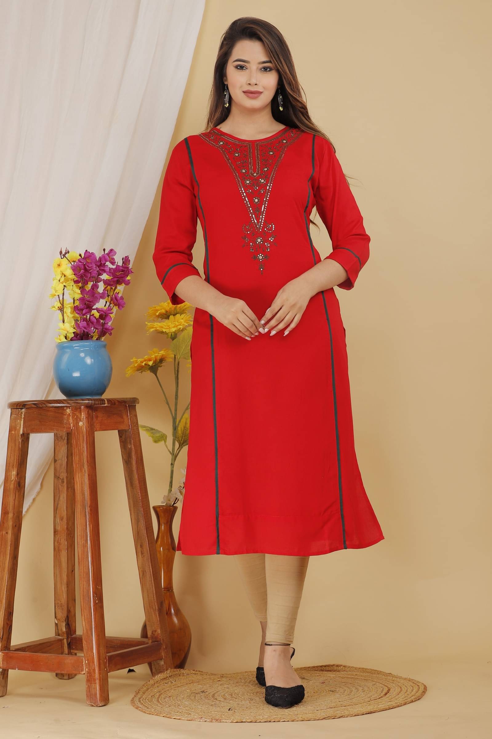 jain creation Women's Viscose Rayon Embroidered A-line Kurti - ( Red ) jain creation Women's Viscose Rayon Embroidered A-line Kurti - ( Red )