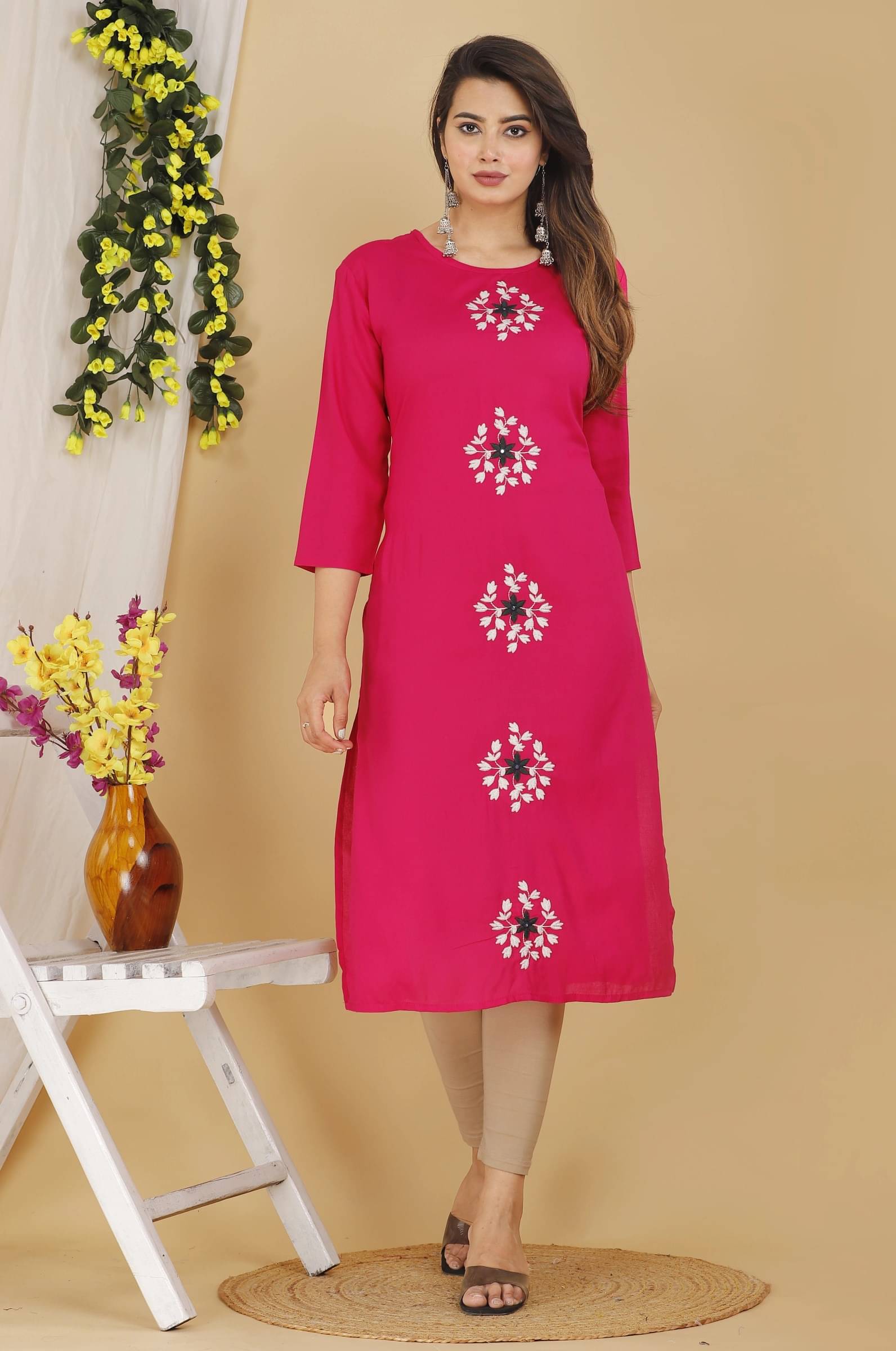 jain creation Women's Viscose Rayon Embroidered Straight Kurti - ( Pink ) jain creation Women's Viscose Rayon Embroidered Straight Kurti - ( Pink )