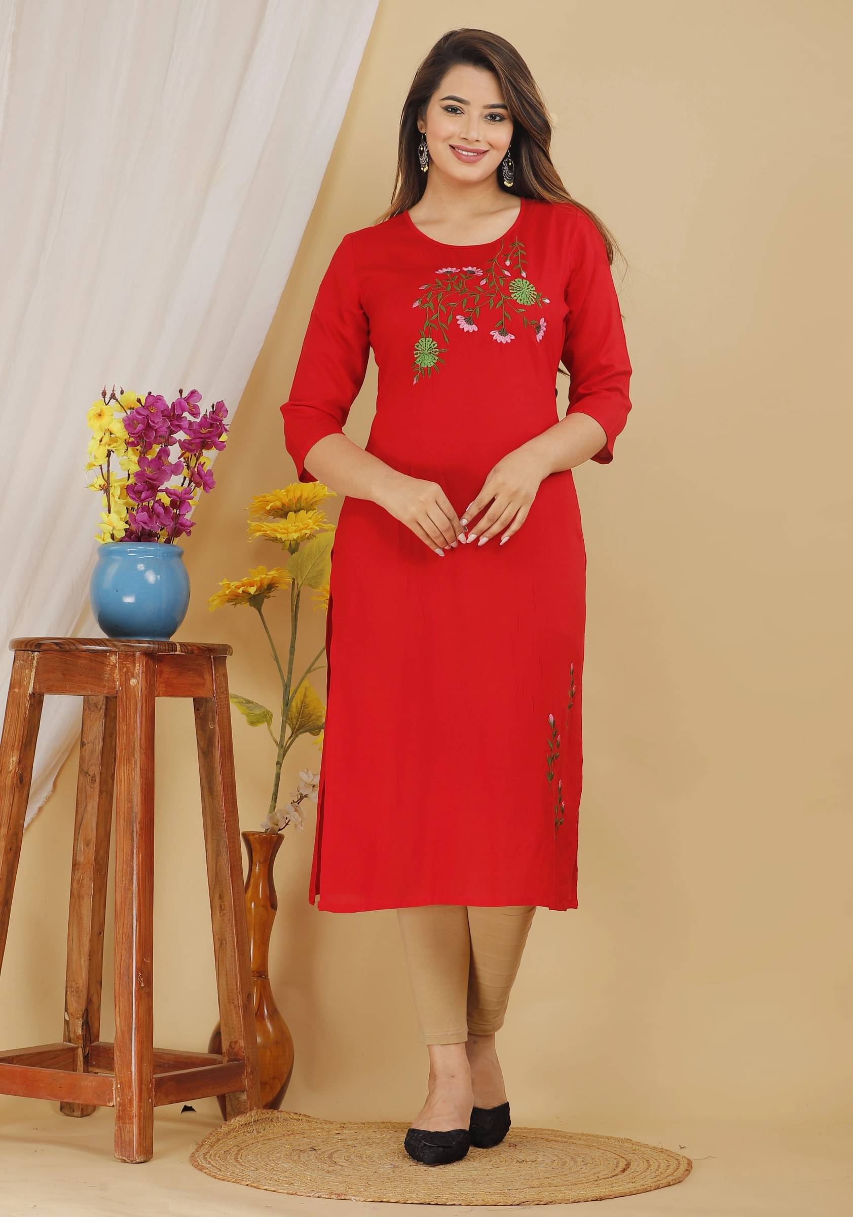 jain creation Women's Viscose Rayon Embroidered Straight Kurti - ( Red ) jain creation Women's Viscose Rayon Embroidered Straight Kurti - ( Red )