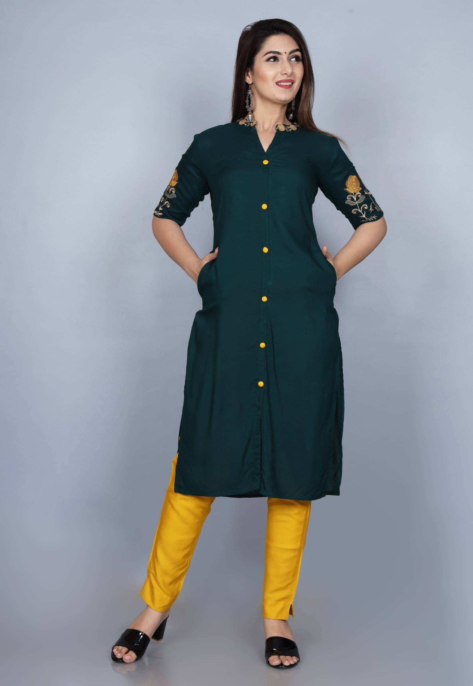     			jain creation Women's Viscose Rayon Embroidered Straight Kurti - ( Dark Green )