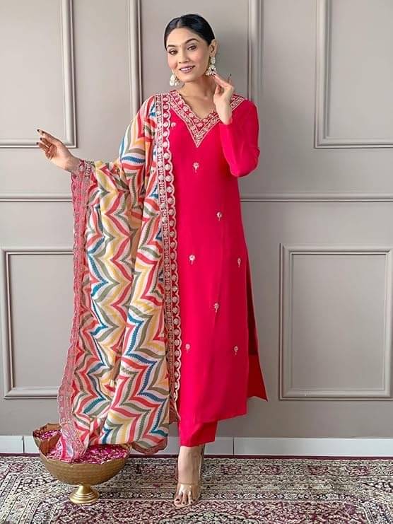     			piludi Women's Chanderi Embroidered Kurti With Pants ( Pink )