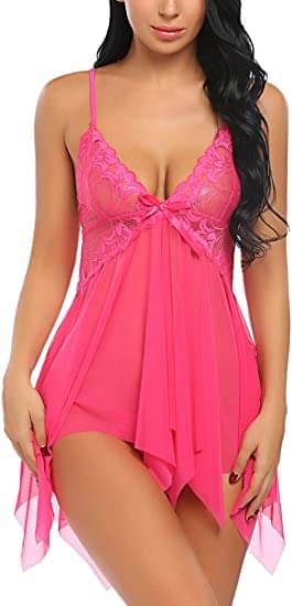 9ITE LOV Fluorescent Pink Lace Women's Nightwear Baby Doll Dresses With Panty ( Pack of 1 ) 9ITE LOV Fluorescent Pink Lace Women's Nightwear Baby Doll Dresses With Panty ( Pack of 1 )