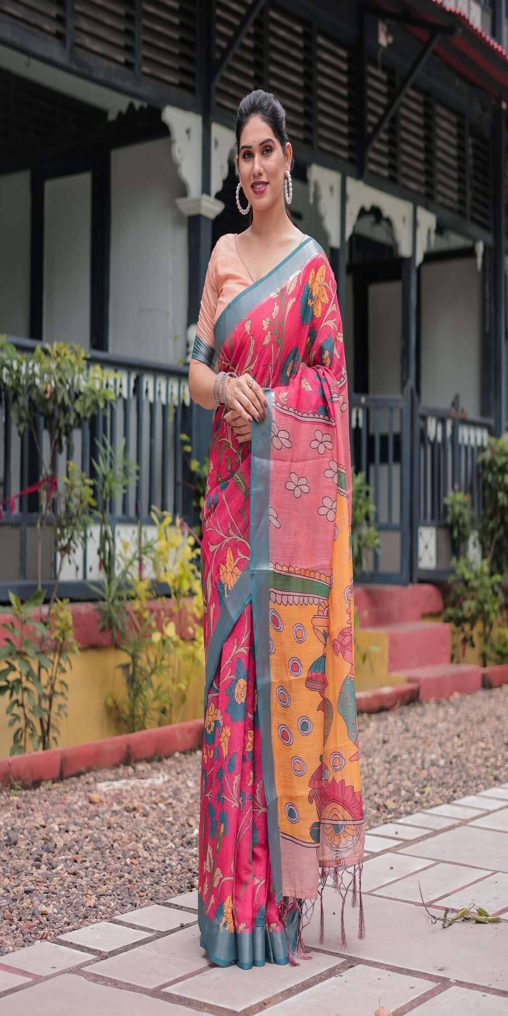     			DHAYNA AND REEWA FASHION Linen Printed Saree With Unstitched Blouse Piece ( Pink,Blue,Orange )