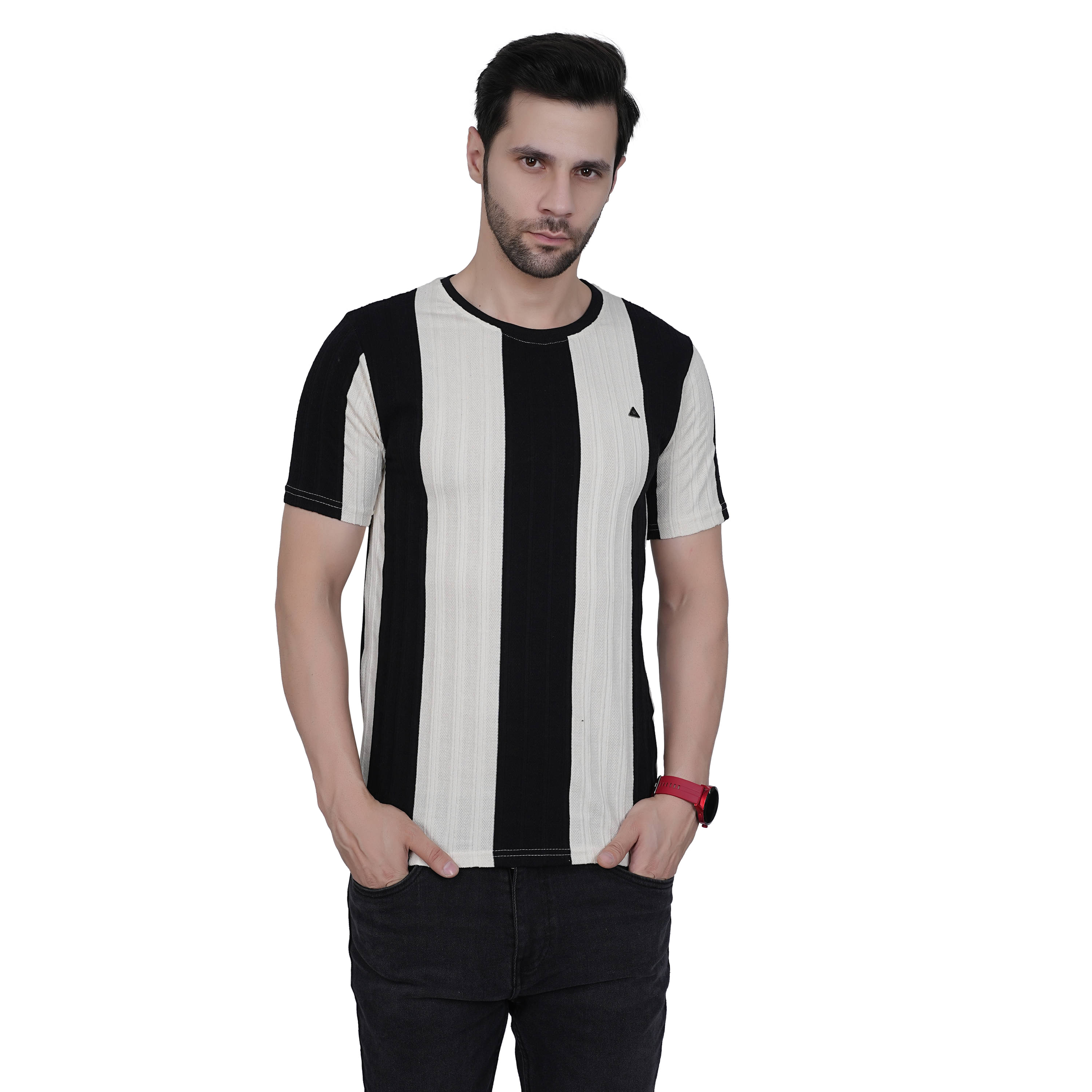     			DIDOT Men 100% COTTON Regular Fit Striped T-Shirt ( BLACK )