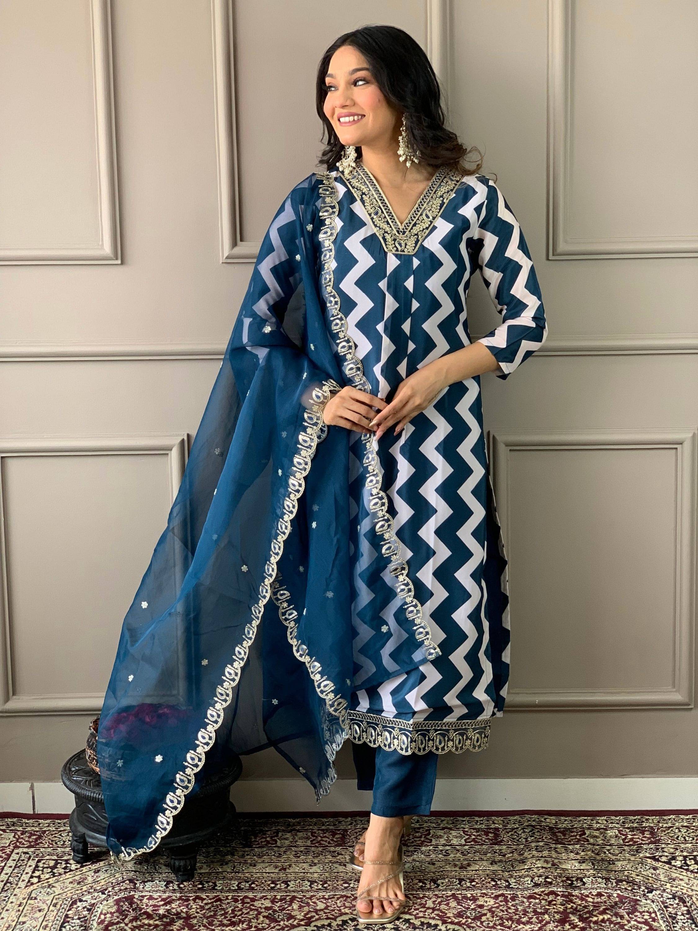 Eeloo Women's Crepe Embroidered Kurti With Pants ( Turquoise ) Eeloo Women's Crepe Embroidered Kurti With Pants ( Turquoise )