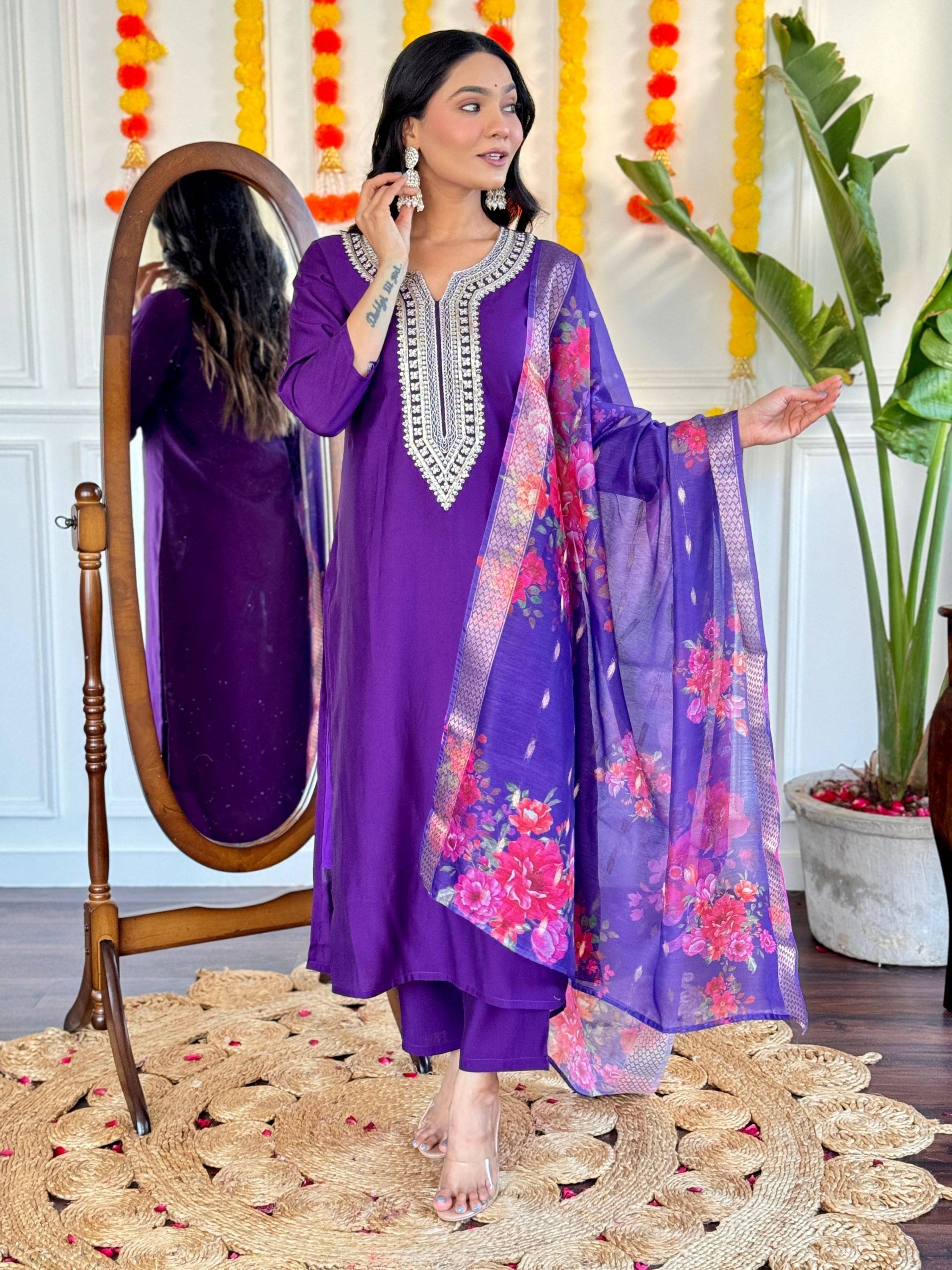 Eeloo Women's Viscose Embroidered Kurti With Pants ( Purple ) Eeloo Women's Viscose Embroidered Kurti With Pants ( Purple )