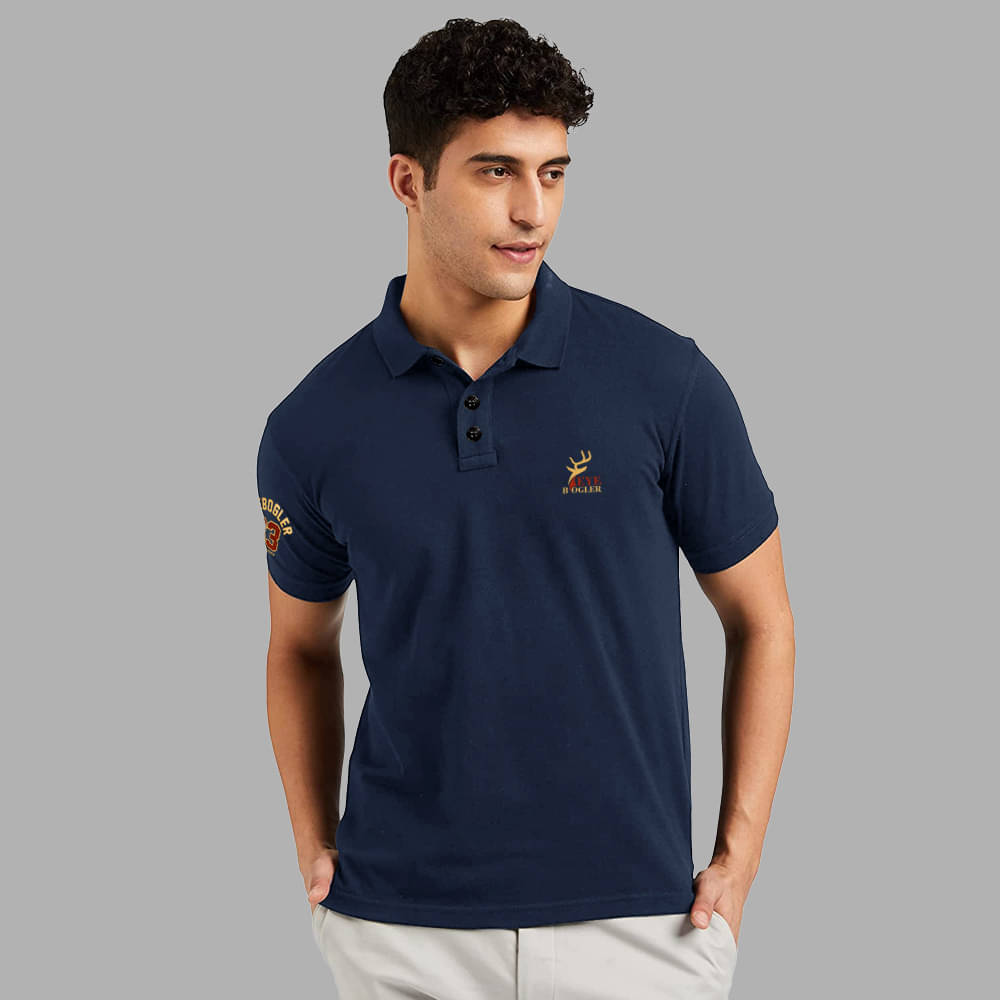 Eyebogler Cotton Blend Regular Fit Printed Half Sleeves Men's Mandarin Collar T-Shirt - Navy ( Pack of 1 ) Eyebogler Cotton Blend Regular Fit Printed Half Sleeves Men's Mandarin Collar T-Shirt - Navy ( Pack of 1 )