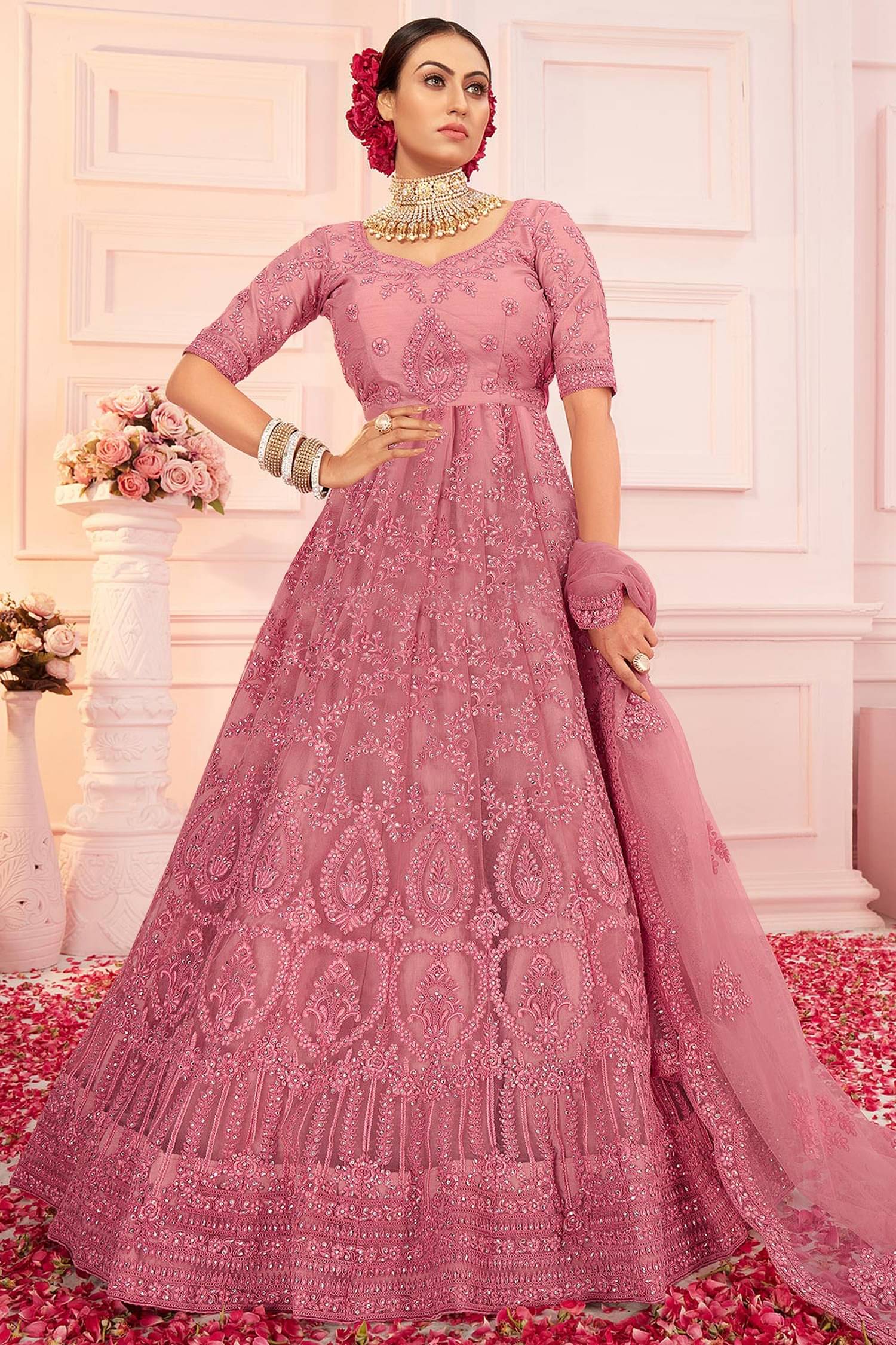     			JULEE Women Net Flared Semi Stitched Ethnic Gown ( Peach )