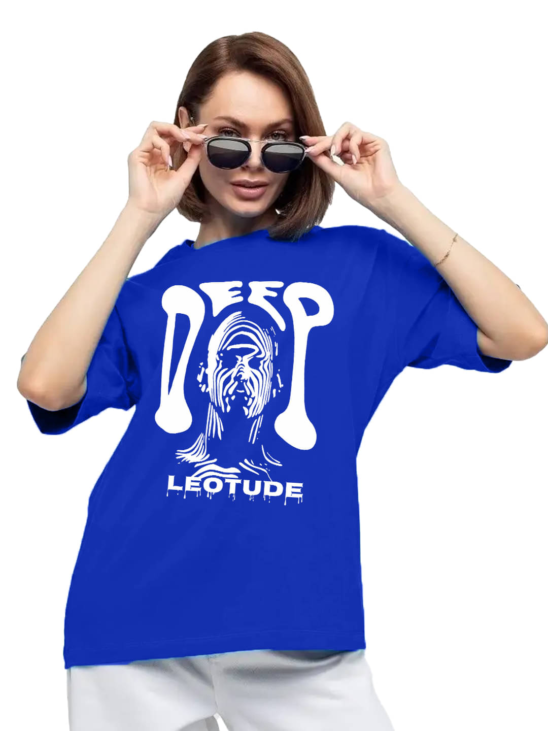 Leotude Women Cotton Blend Printed Oversized Fit Round Neck T-Shirt ( Blue )     			Leotude Women Cotton Blend Printed Oversized Fit Round Neck T-Shirt ( Blue )