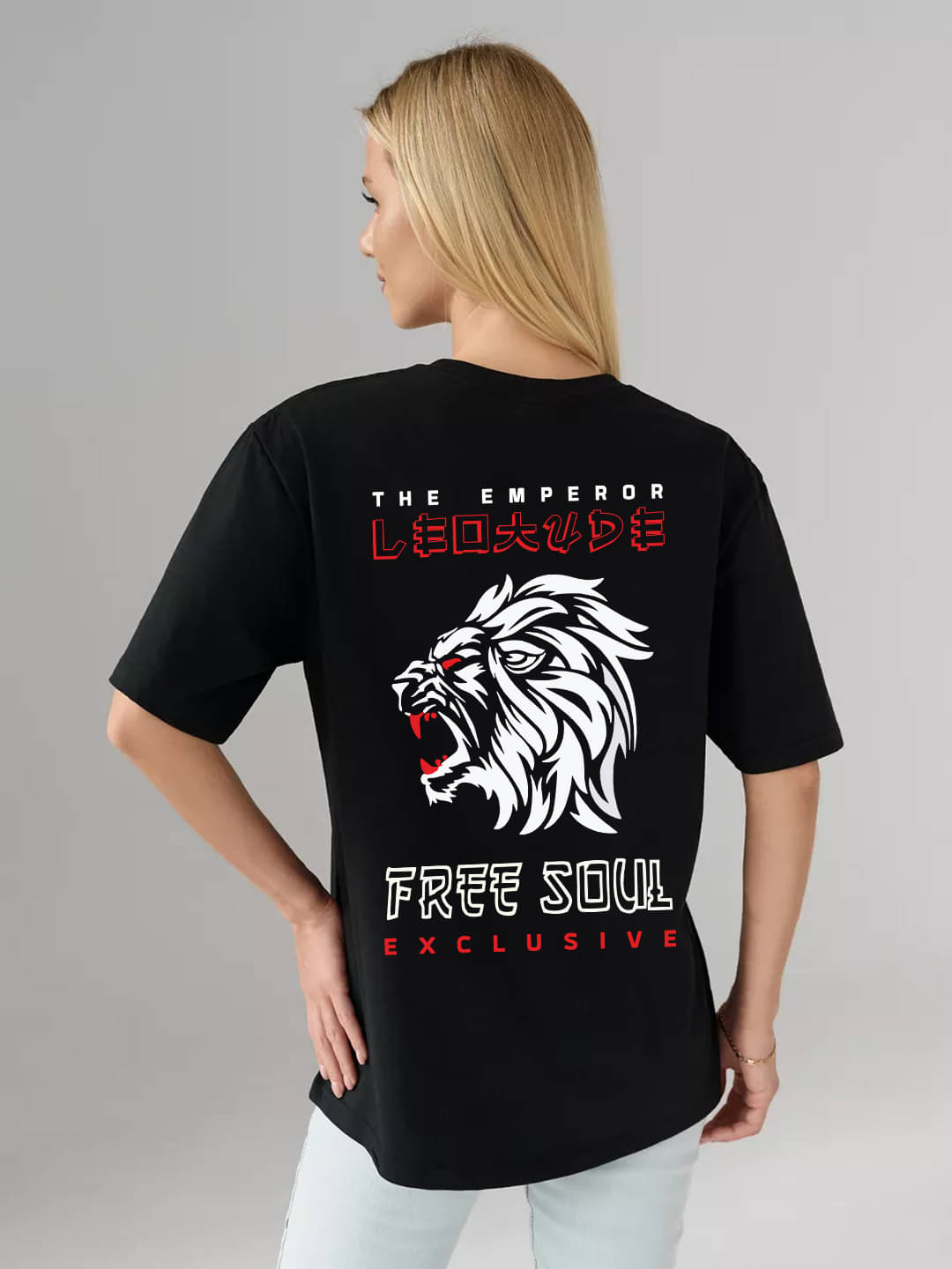     			Leotude Women Cotton Blend Printed Oversized Round Neck T-Shirt ( Black )
