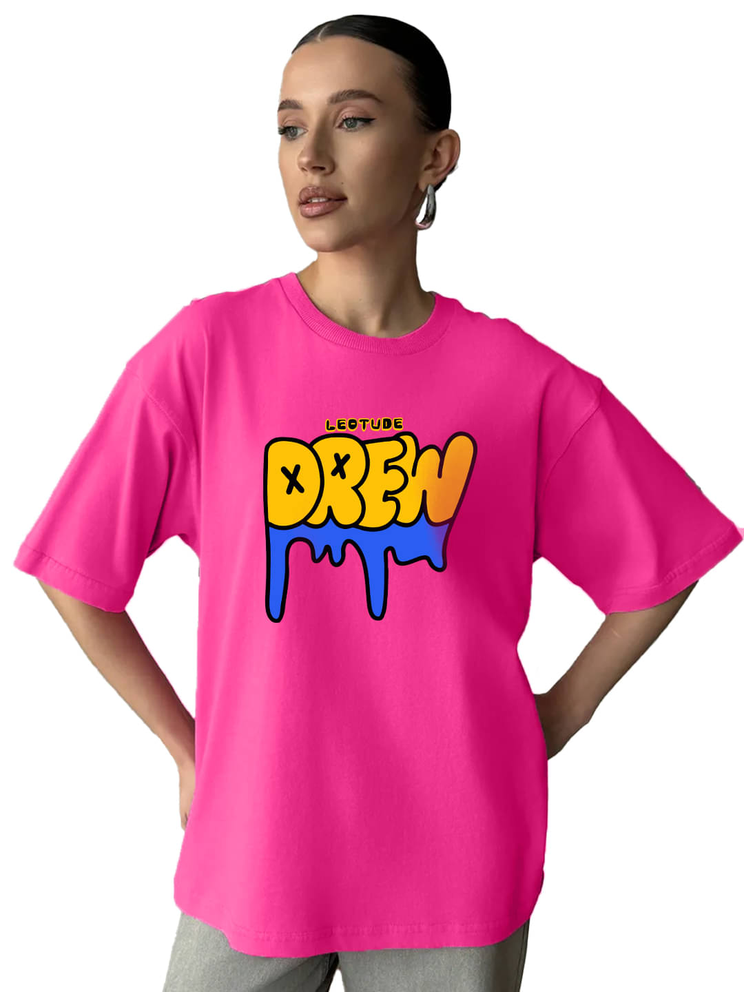     			Leotude Women Cotton Blend Printed Oversized Fit Round Neck T-Shirt ( Pink )