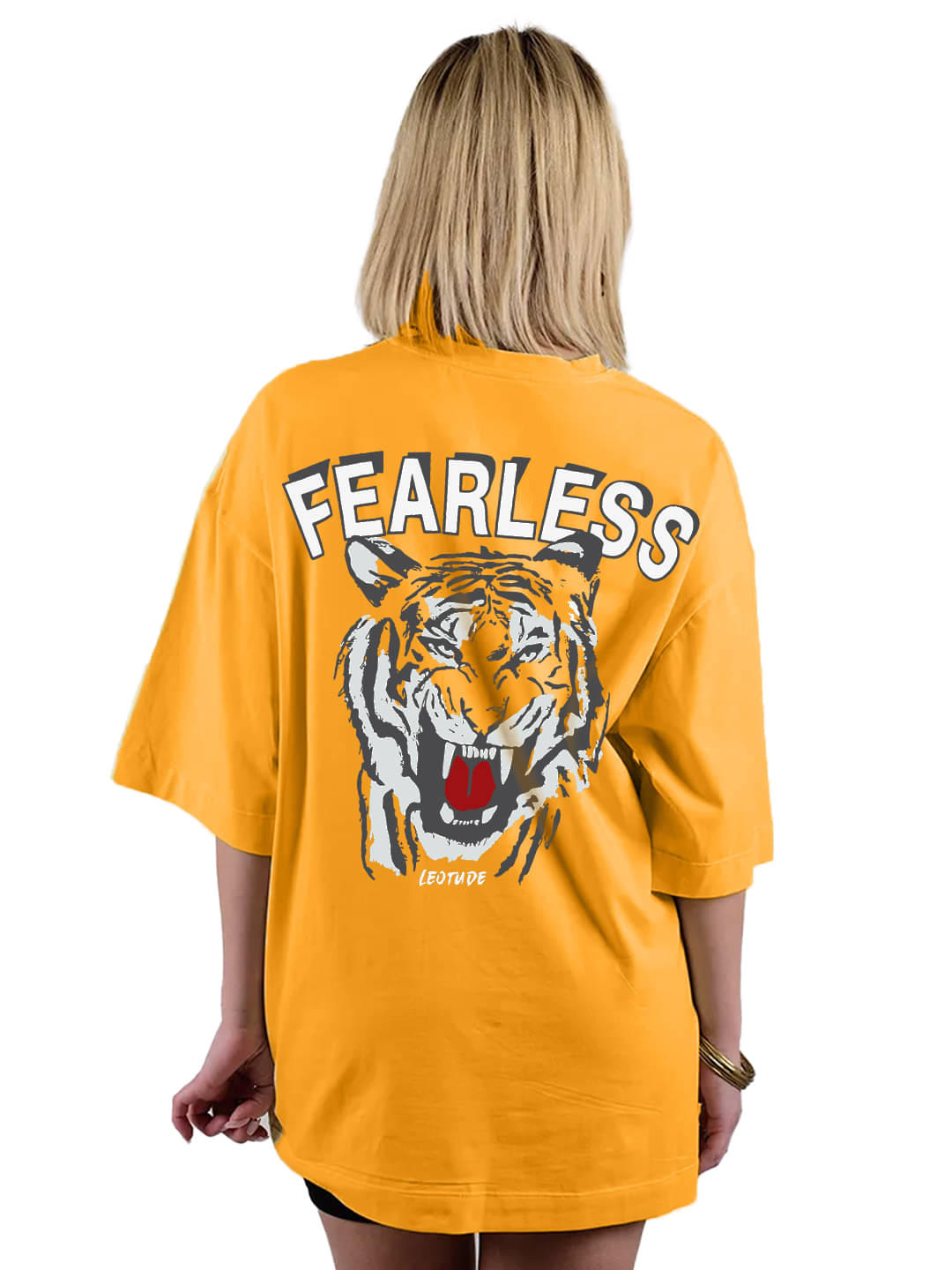     			Leotude Women Cotton Blend Printed Oversized Round Neck T-Shirt ( Yellow )