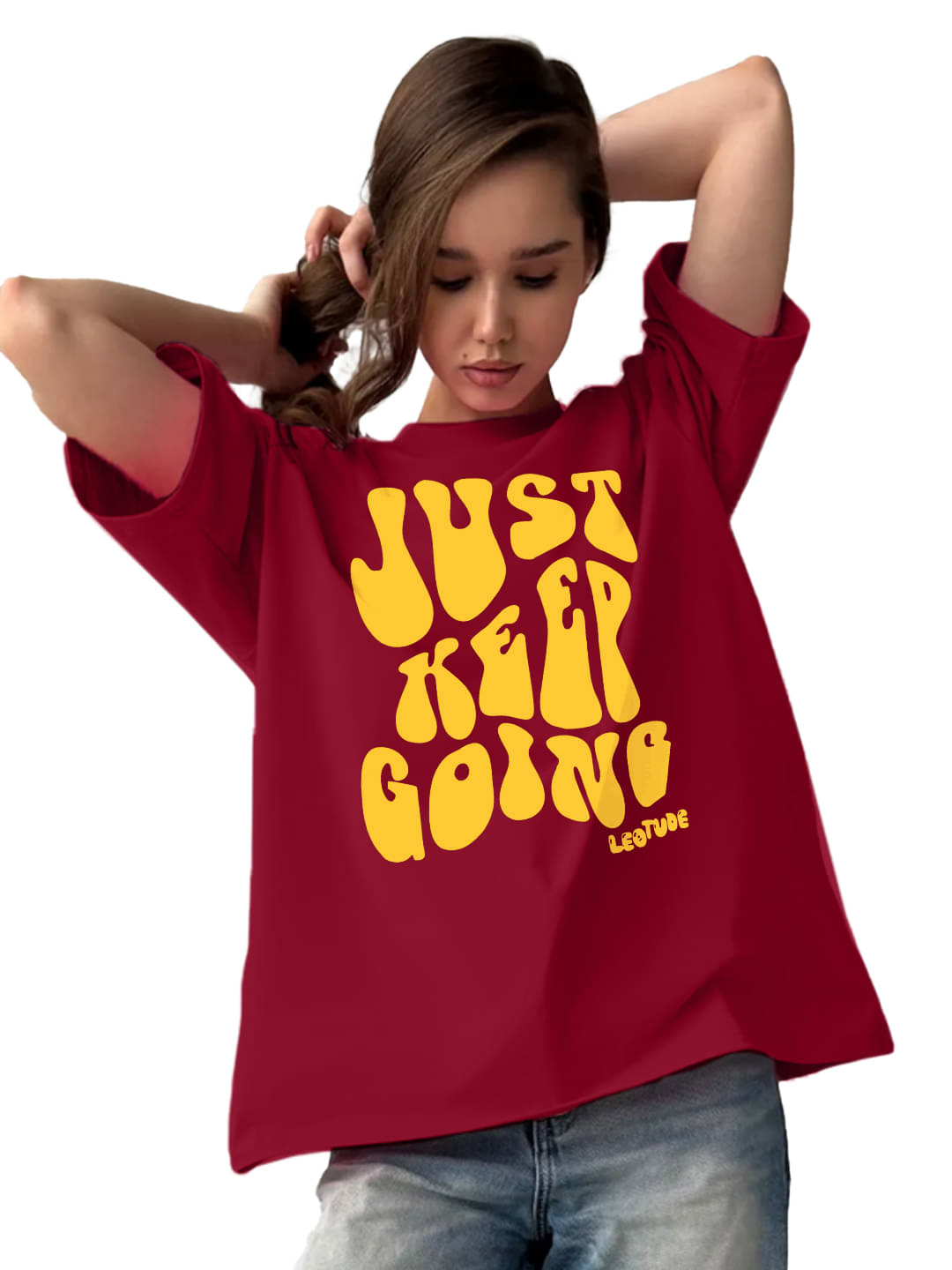     			Leotude Women Cotton Blend Printed Oversized Round Neck T-Shirt ( Maroon )