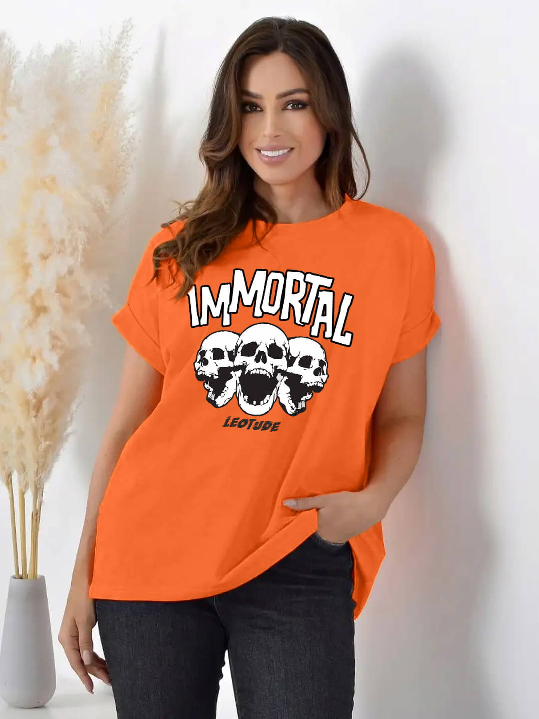 Leotude Women Cotton Blend Printed Oversized Fit Round Neck T-Shirt ( Orange ) Leotude Women Cotton Blend Printed Oversized Fit Round Neck T-Shirt ( Orange )