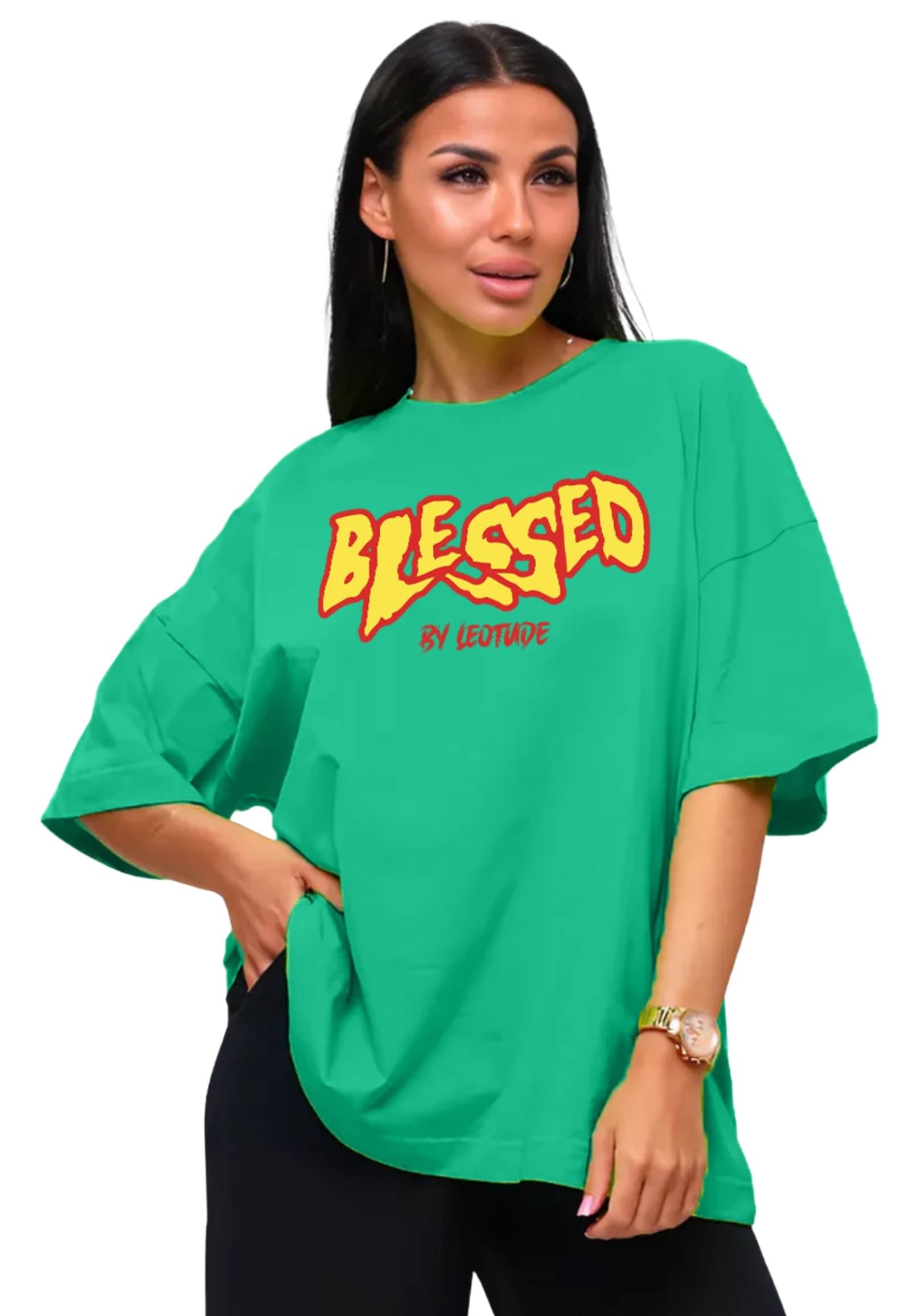    			Leotude Women Cotton Blend Printed Oversized Fit Round Neck T-Shirt ( Green )