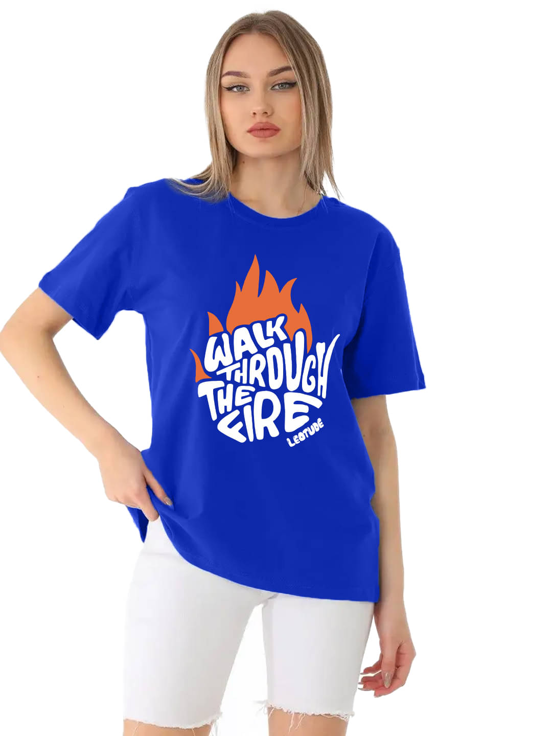 Leotude Women Cotton Blend Printed Oversized Fit Round Neck T-Shirt ( Blue ) Leotude Women Cotton Blend Printed Oversized Fit Round Neck T-Shirt ( Blue )