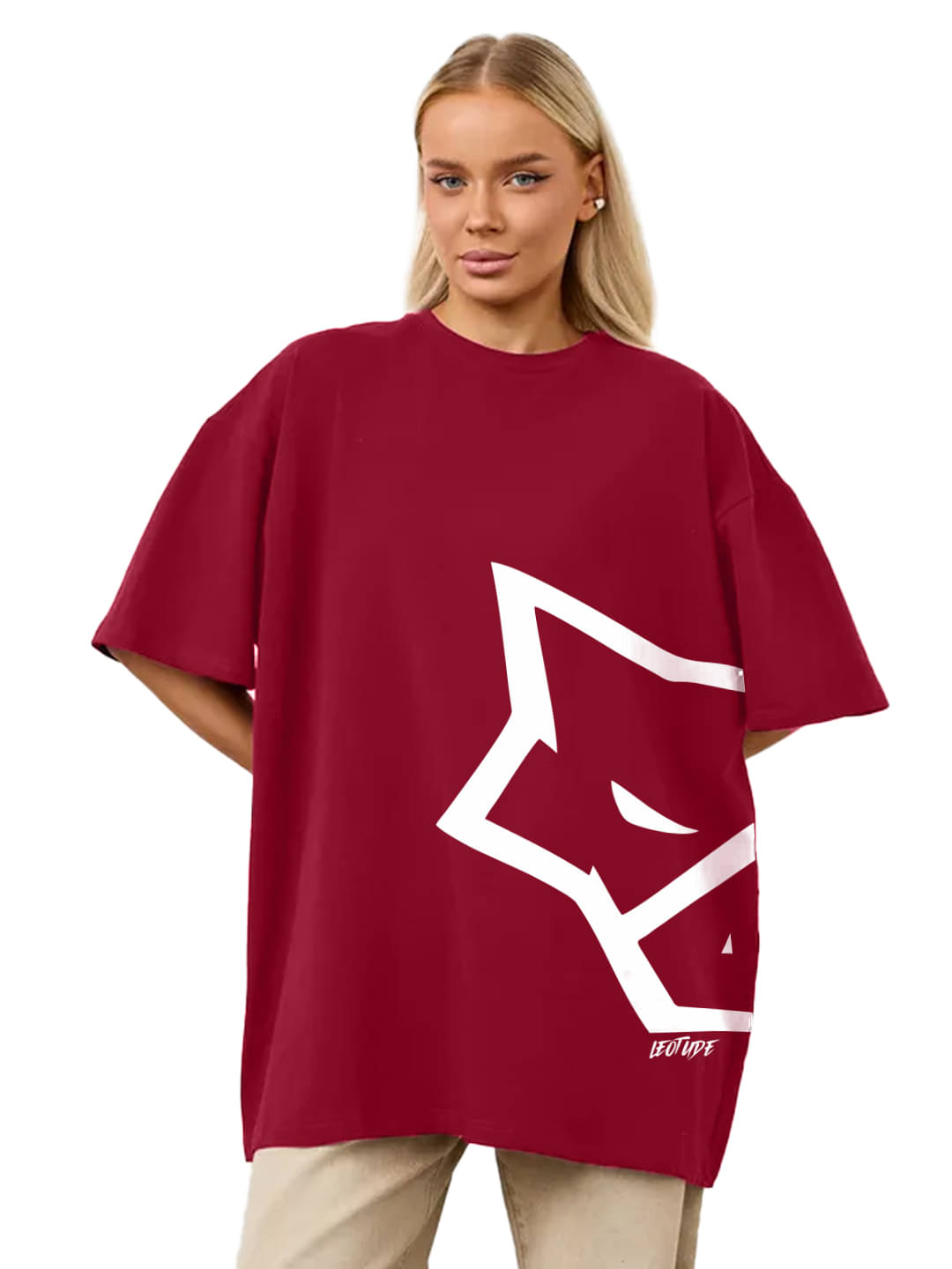     			Leotude Women Cotton Blend Printed Oversized Round Neck T-Shirt ( Maroon )