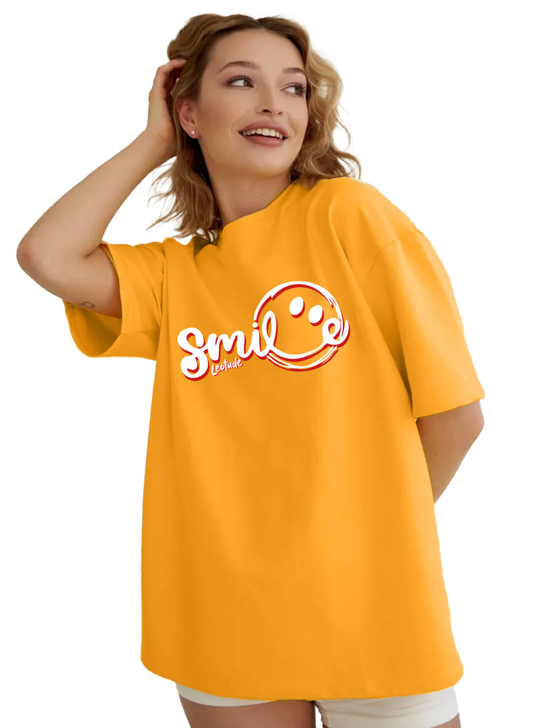     			Leotude Women Cotton Blend Printed Oversized Round Neck T-Shirt ( Yellow )