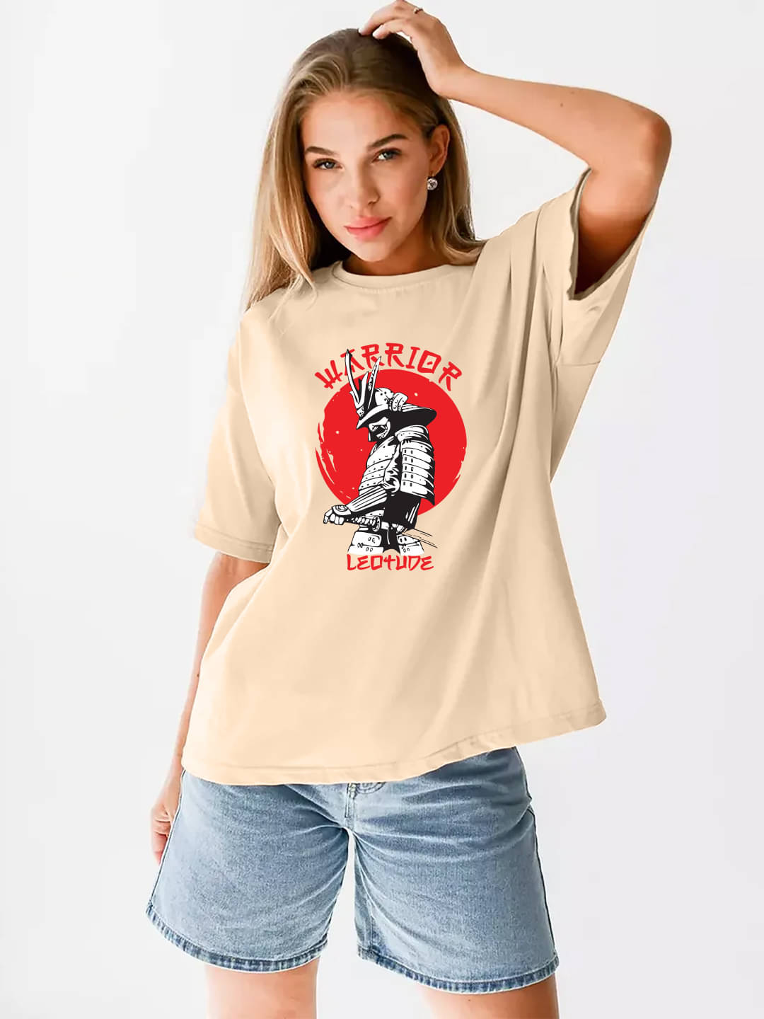     			Leotude Women Cotton Blend Printed Oversized Round Neck T-Shirt ( Beige )