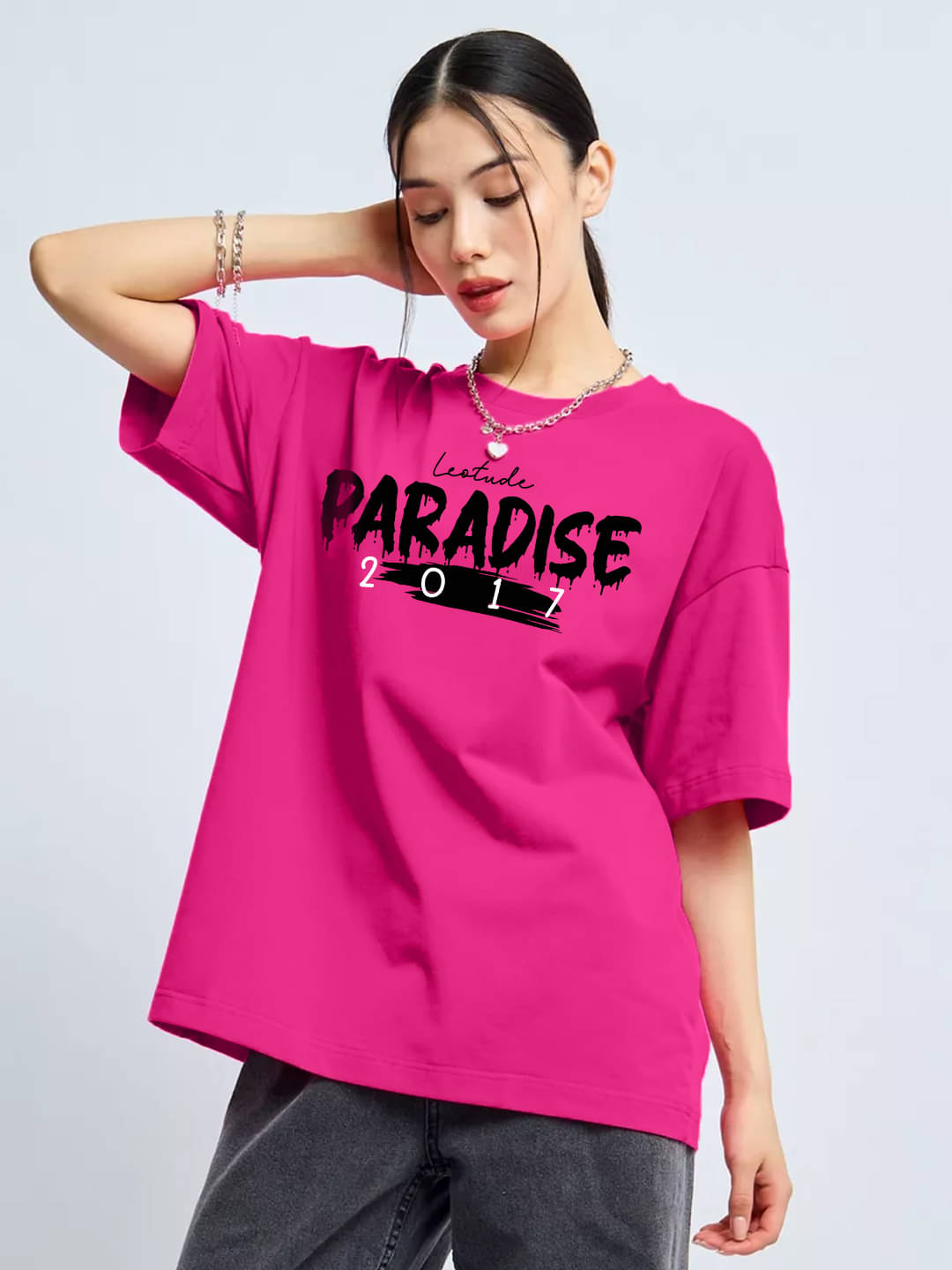     			Leotude Women Cotton Blend Printed Oversized Round Neck T-Shirt ( Pink )
