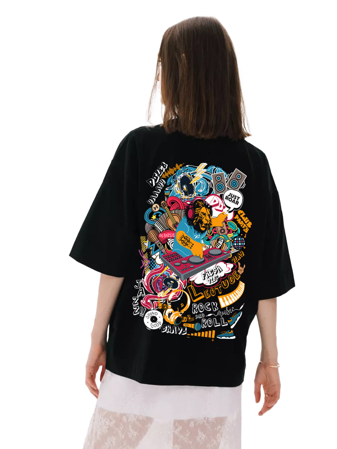 Leotude Women Cotton Blend Printed Oversized Round Neck T-Shirt ( Black )