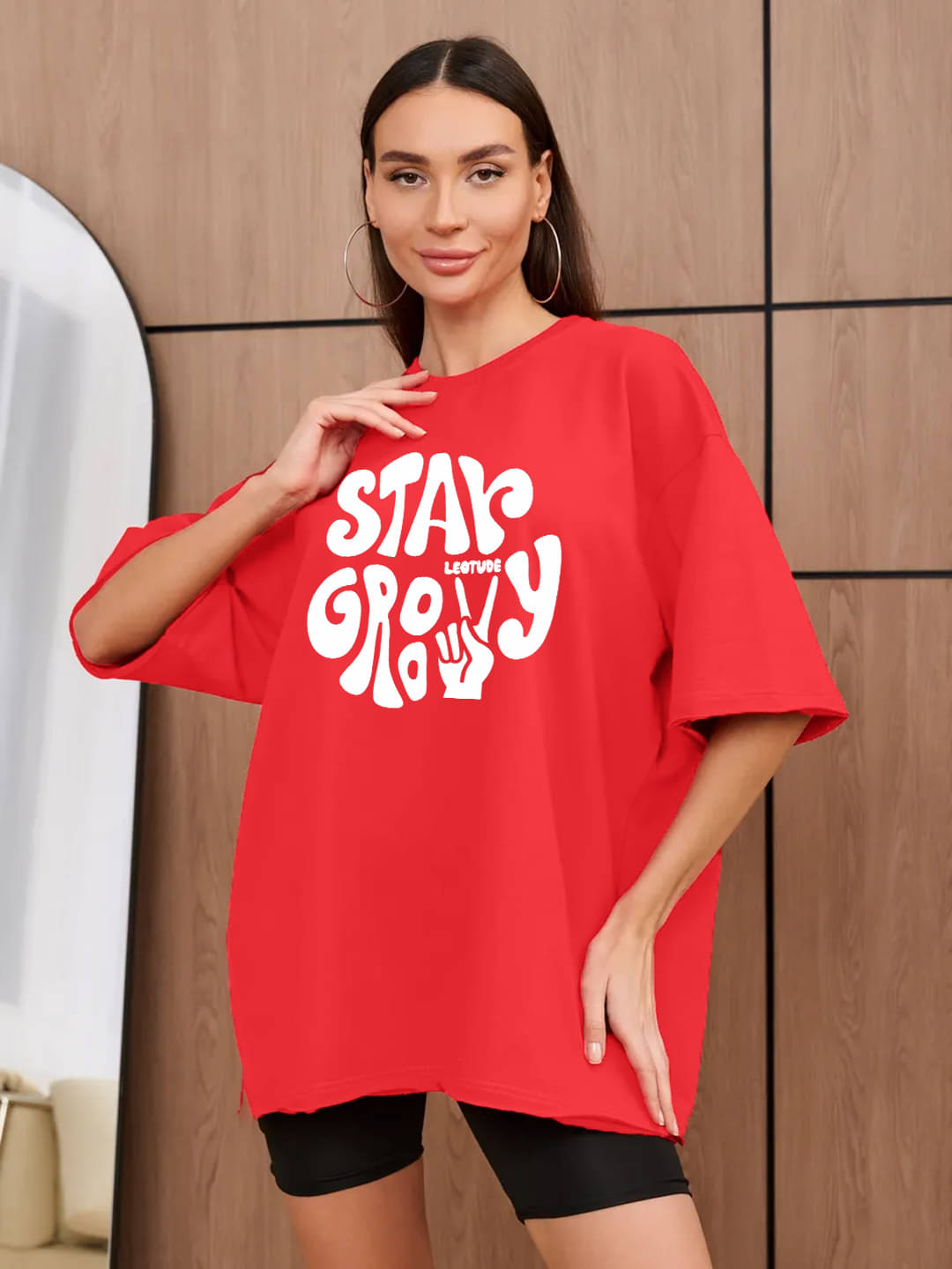 Leotude Women Cotton Blend Printed Oversized Round Neck T-Shirt ( Red ) Leotude Women Cotton Blend Printed Oversized Round Neck T-Shirt ( Red )