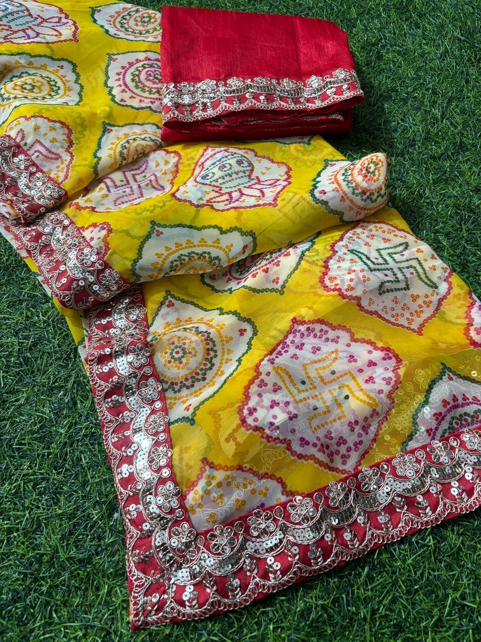 MOXU Georgette Printed Saree With Unstitched Blouse Piece ( Yellow ) MOXU Georgette Printed Saree With Unstitched Blouse Piece ( Yellow )