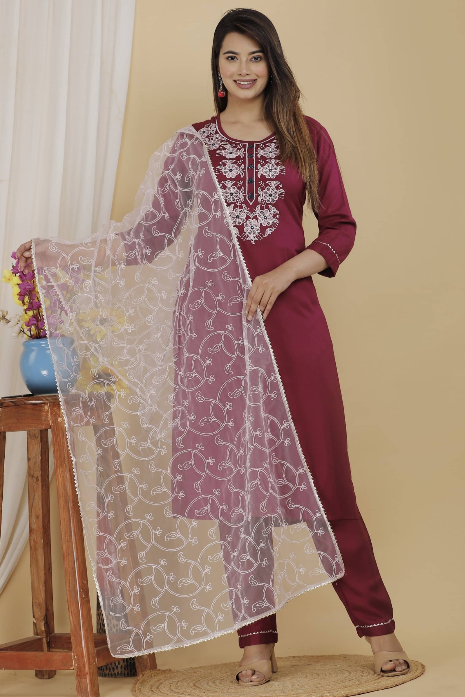     			Mehsoos Women's Cotton Blend Embroidered Kurti With Churidar ( Maroon )
