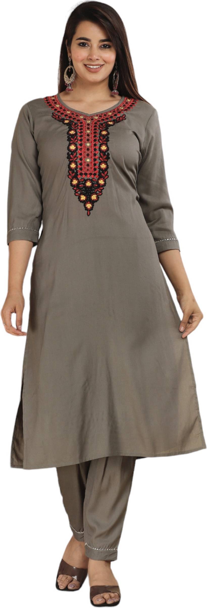     			Mehsoos Women's Cotton Blend Embroidered Kurti With Pants ( Grey )