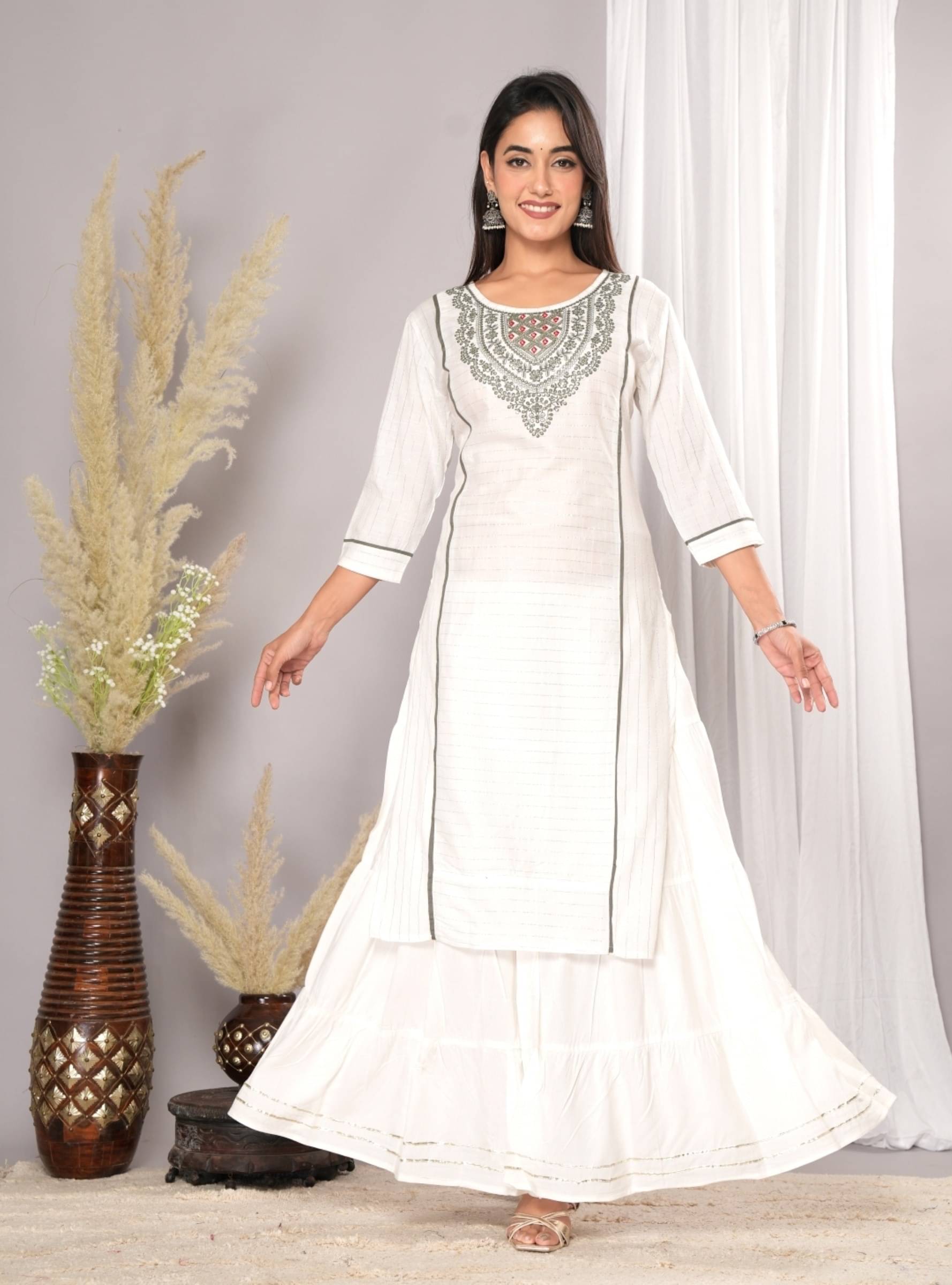     			Mehsoos Women's Cotton Embroidered Kurti With Skirt ( White )
