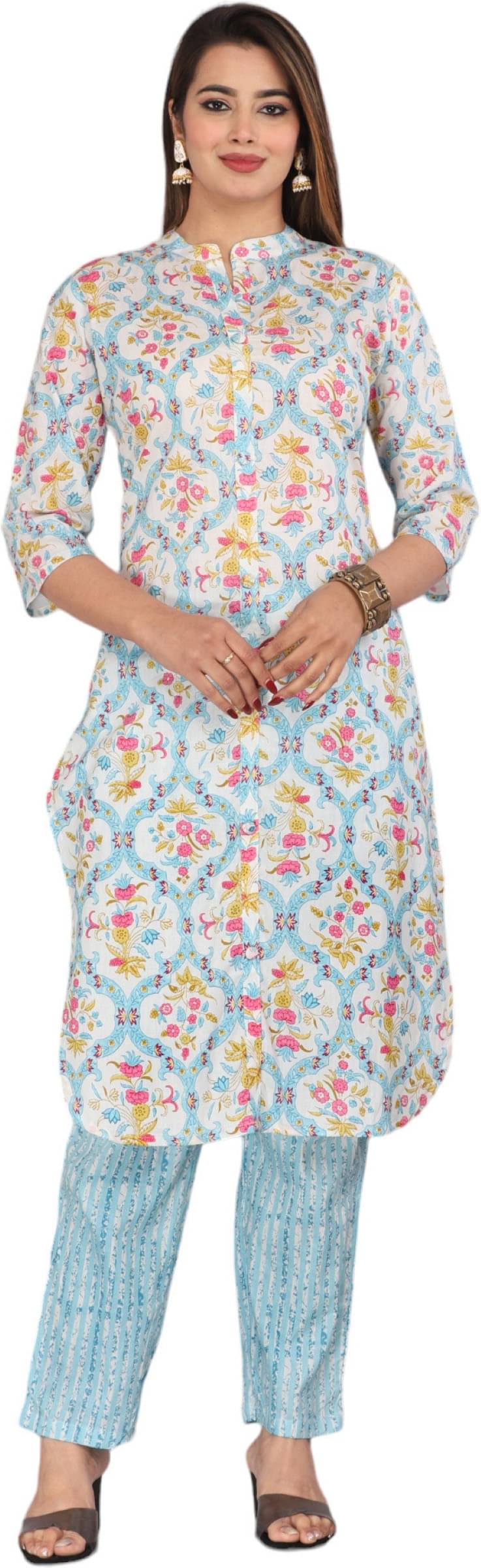 Mehsoos Women's Cotton Printed Kurti With Pants ( Light Blue ) Mehsoos Women's Cotton Printed Kurti With Pants ( Light Blue )