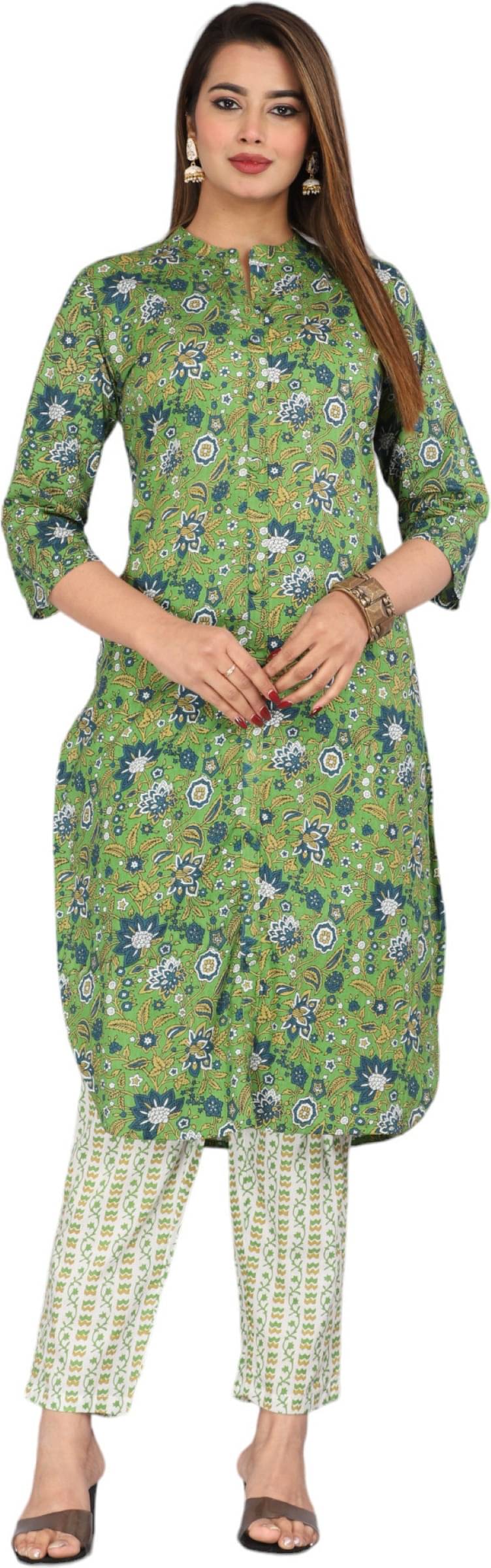 Mehsoos Women's Cotton Printed Kurti With Pants ( Green ) Mehsoos Women's Cotton Printed Kurti With Pants ( Green )