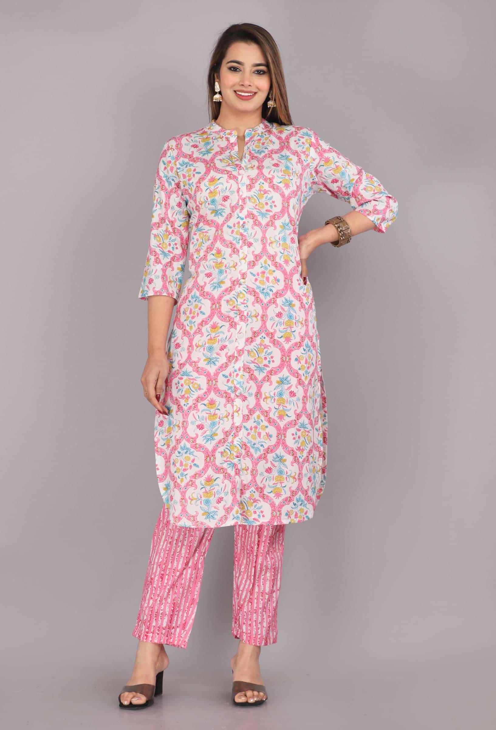 Mehsoos Women's Cotton Printed Kurti With Pants ( Pink ) Mehsoos Women's Cotton Printed Kurti With Pants ( Pink )