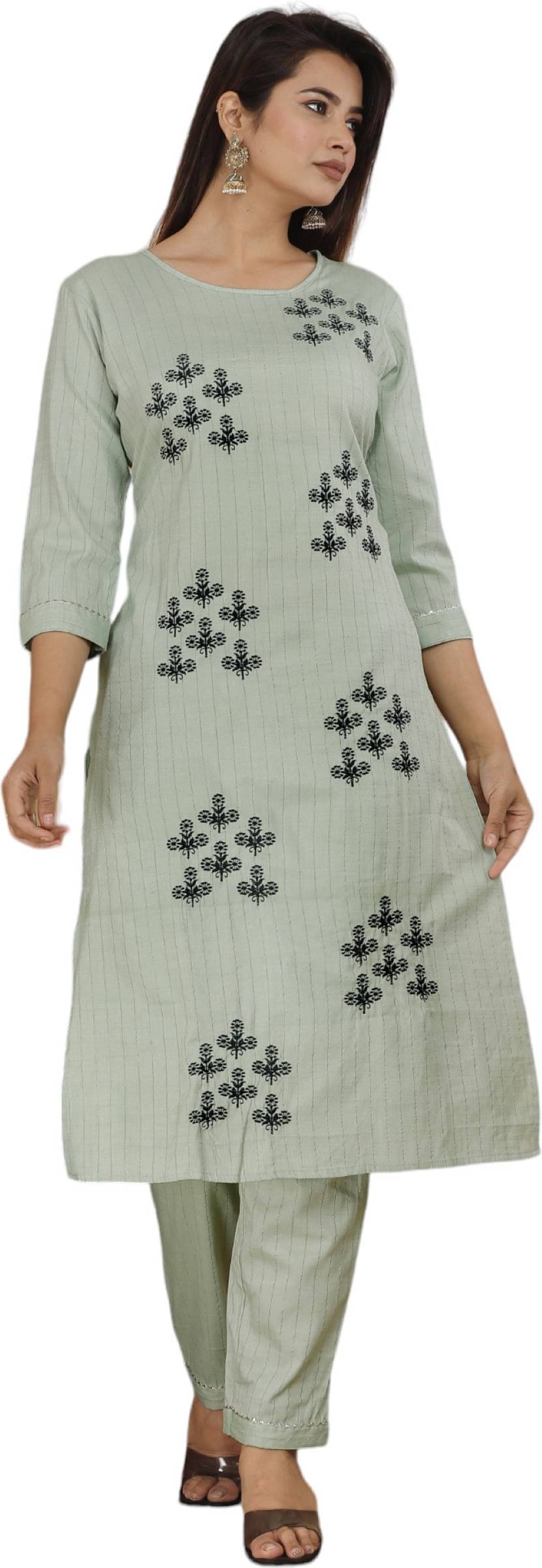 Mehsoos Women's Cotton Silk Embroidered Kurti With Pants ( Light Green ) Mehsoos Women's Cotton Silk Embroidered Kurti With Pants ( Light Green )