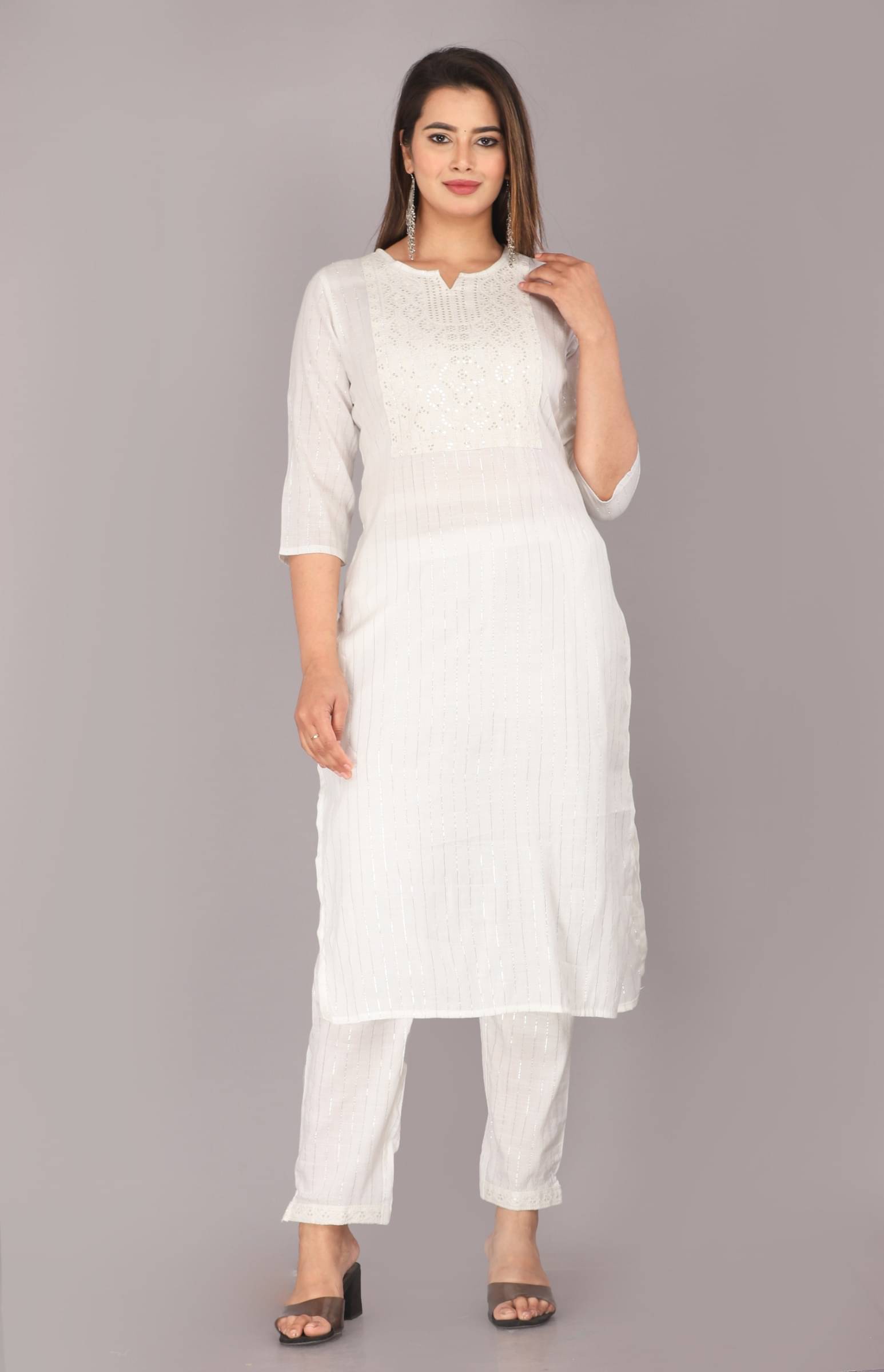     			Mehsoos Women's Cotton Silk Solid Kurti With Pants ( White )
