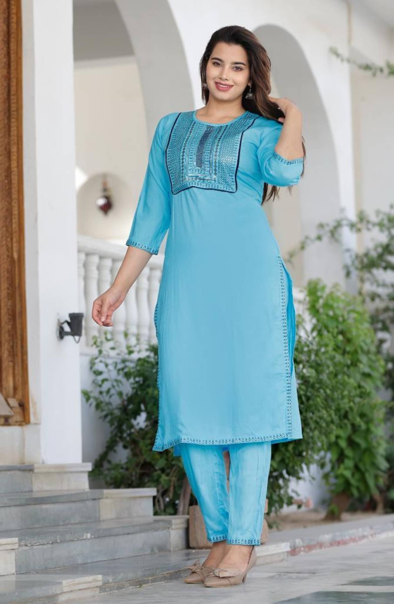 Mehsoos Women's Viscose Embroidered Kurti With Pants ( Light Blue ) Mehsoos Women's Viscose Embroidered Kurti With Pants ( Light Blue )