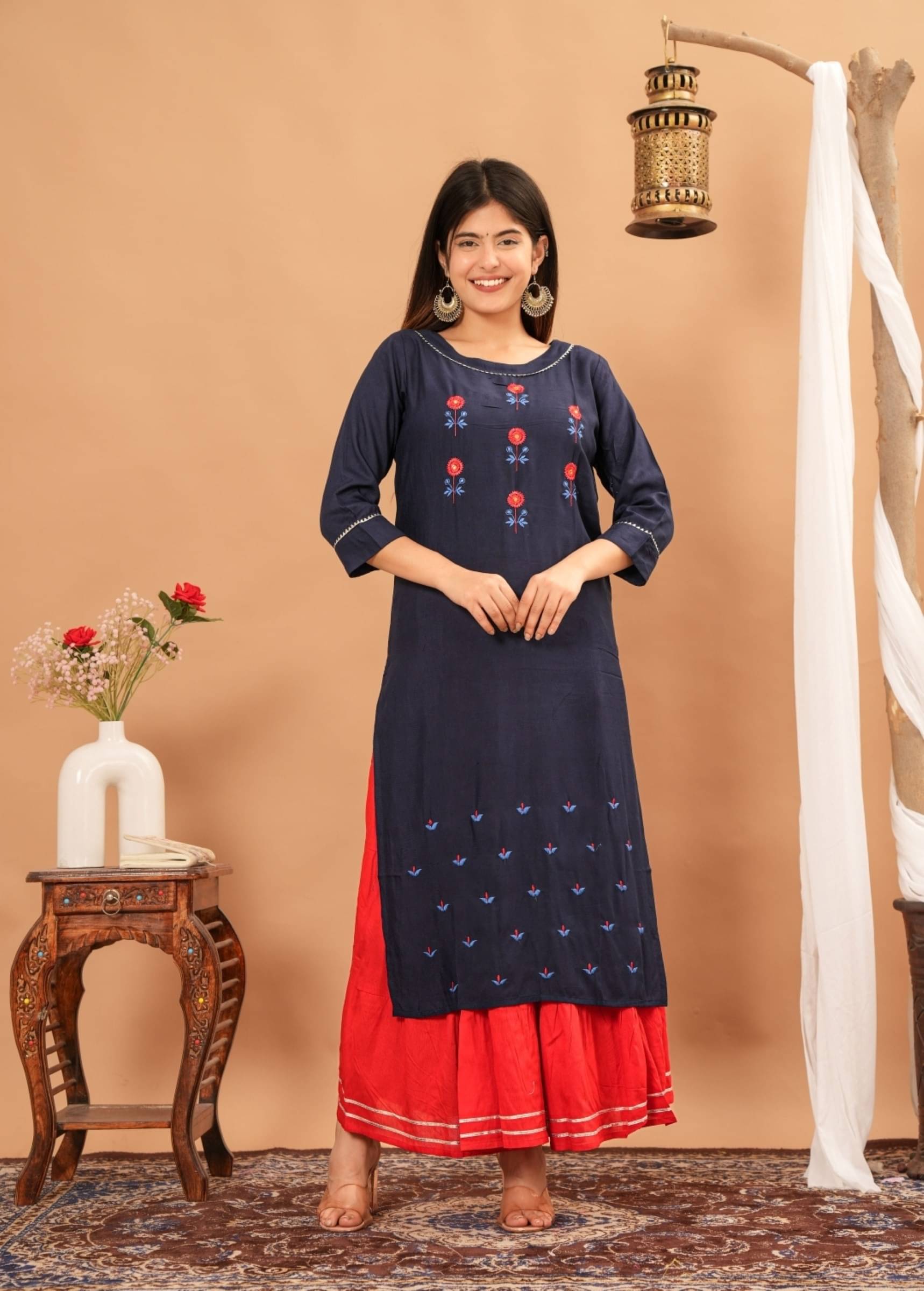 Mehsoos Women's Viscose Embroidered Kurti With Skirt ( Dark Blue ) Mehsoos Women's Viscose Embroidered Kurti With Skirt ( Dark Blue )