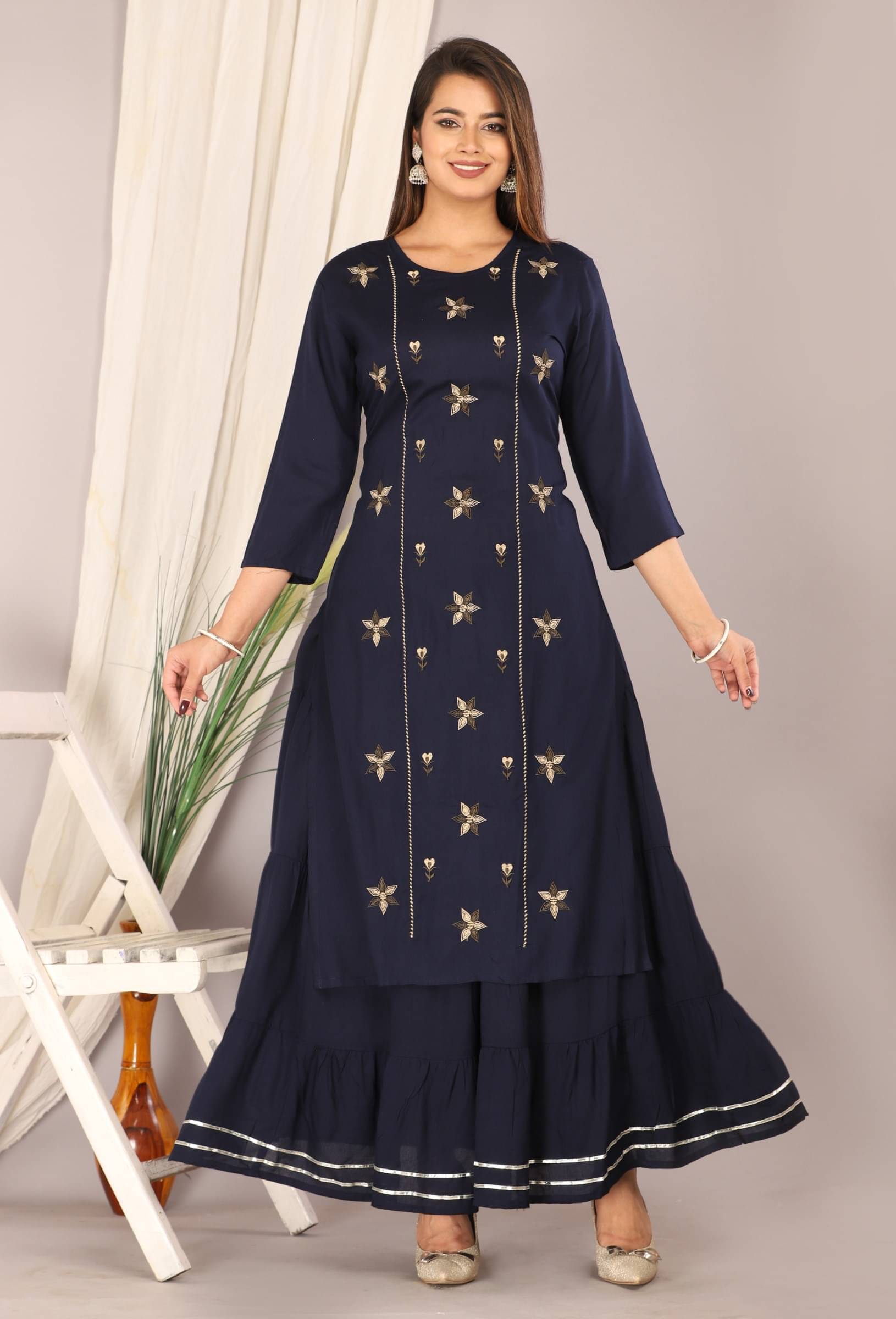 Mehsoos Women's Viscose Embroidered Kurti With Skirt ( Dark Blue )     			Mehsoos Women's Viscose Embroidered Kurti With Skirt ( Dark Blue )
