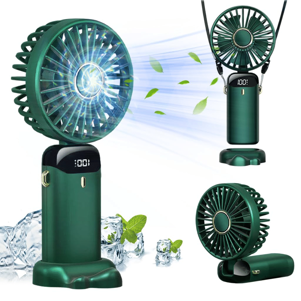     			Mini Fan with LED Display – USB Rechargeable, 5-Speed Settings, Foldable Design (Green)
