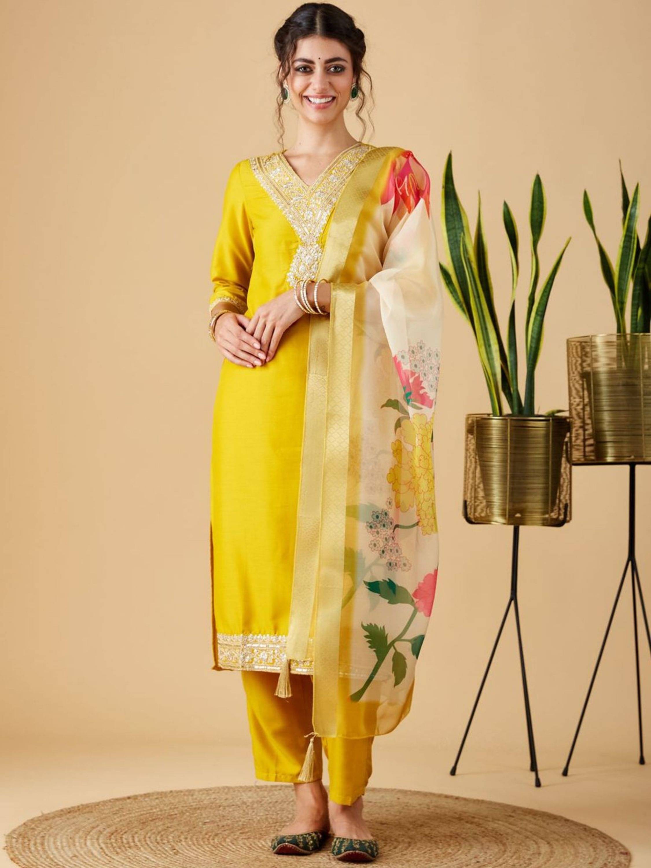     			Niza Fashion Women's Viscose Embroidered Kurti With Pants ( Yellow )